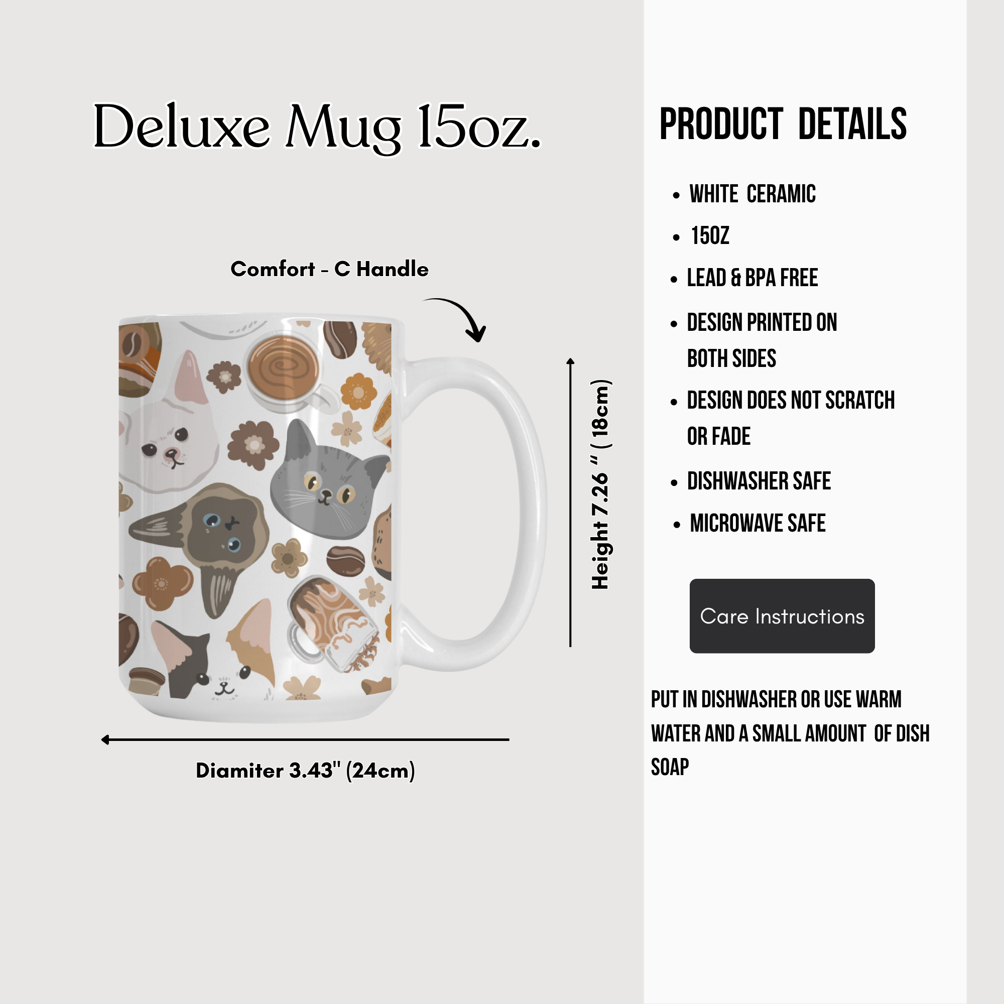 Deluxe mug with cat pattern on a white background, featuring product details.