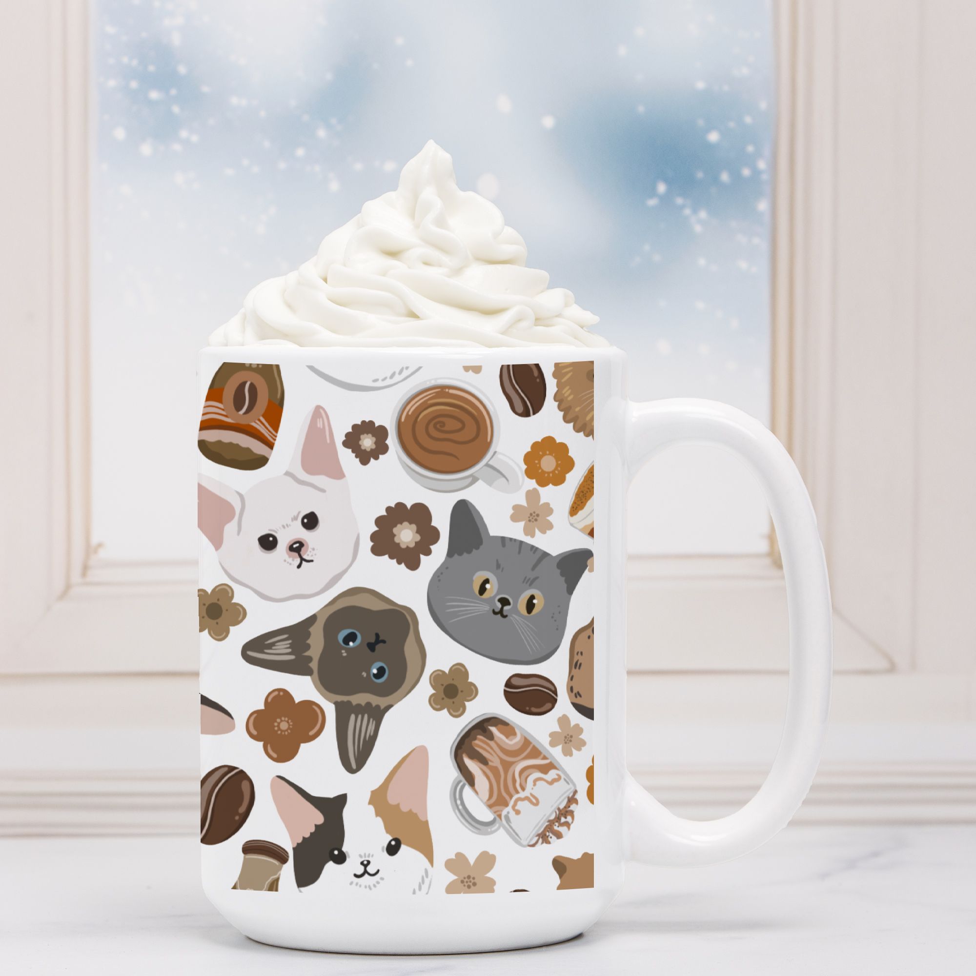 White mug with cat pattern against a snowy window background