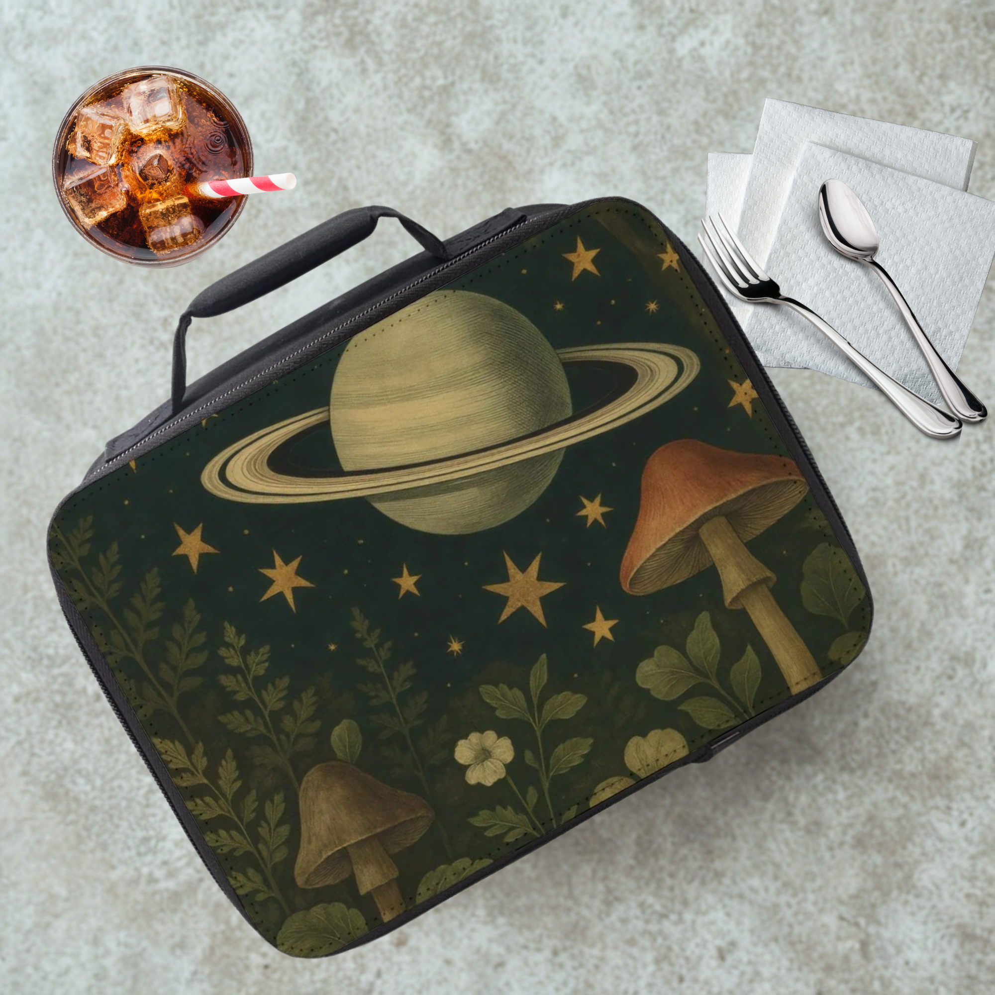  insulated lunch bag with space-themed design on a table with a drink and utensils