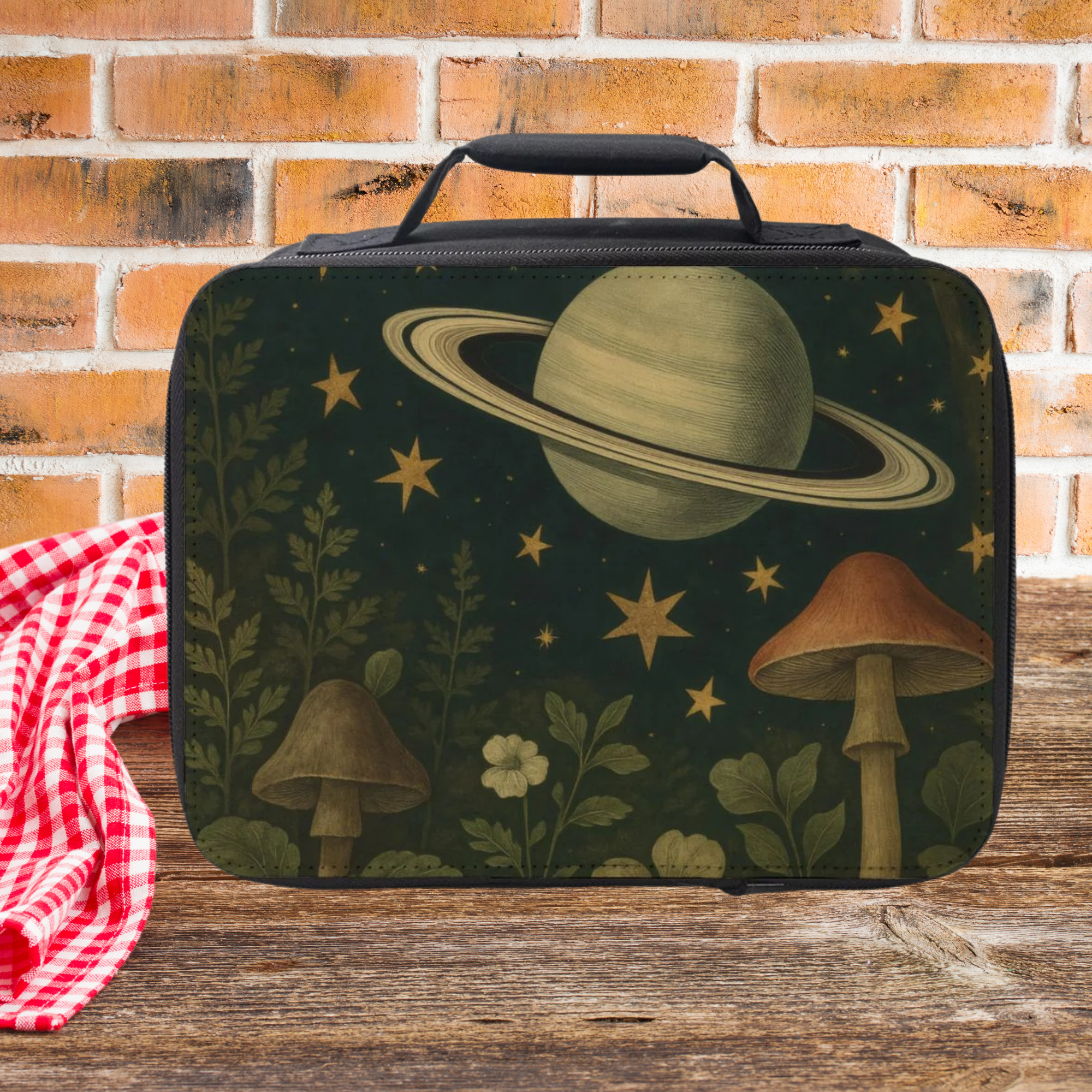  insulated lunch bag with space-themed design featuring Saturn, stars, and mushrooms on a wooden picnic table with a brick wall background.