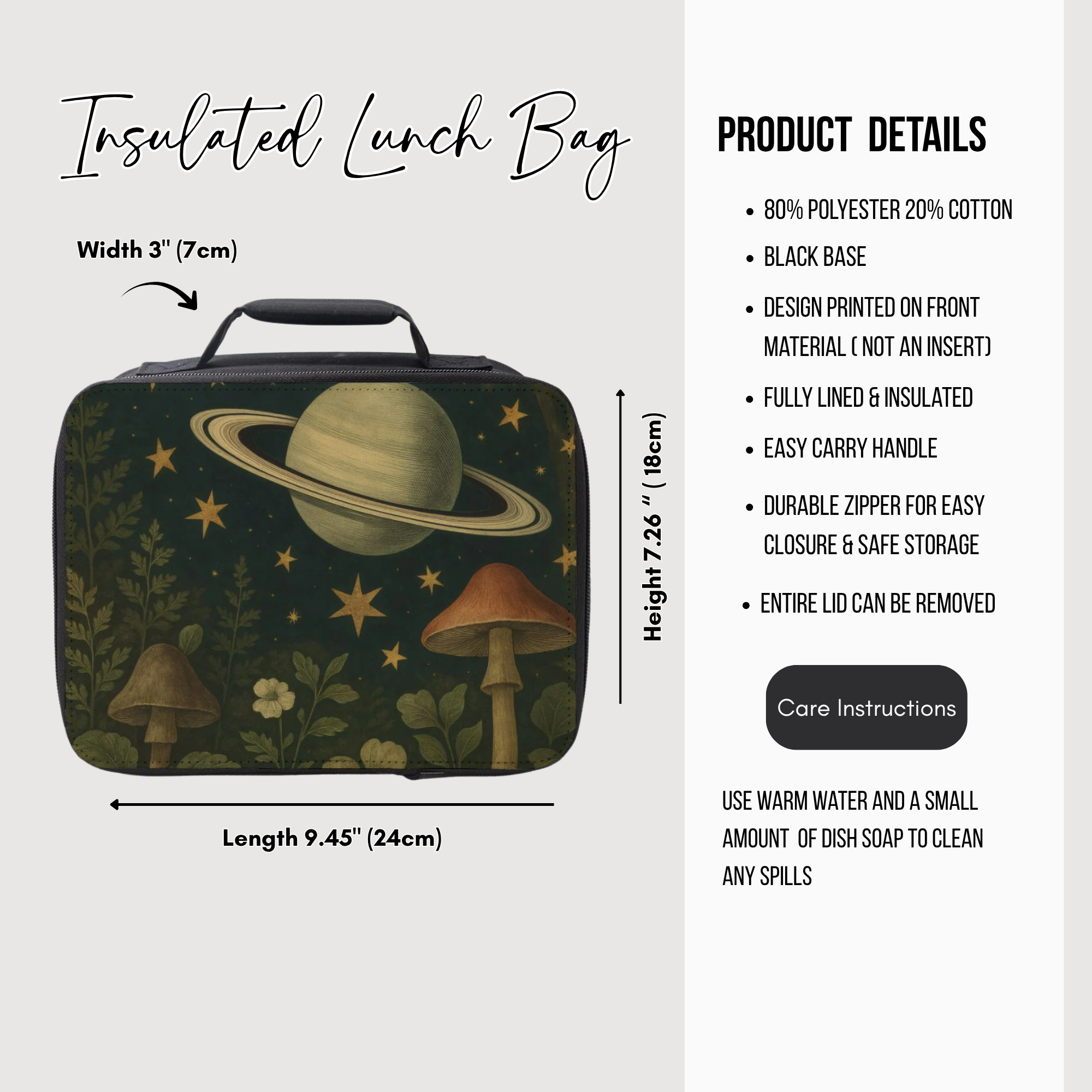 Insulated lunch bag with space-themed design and product details on a white background