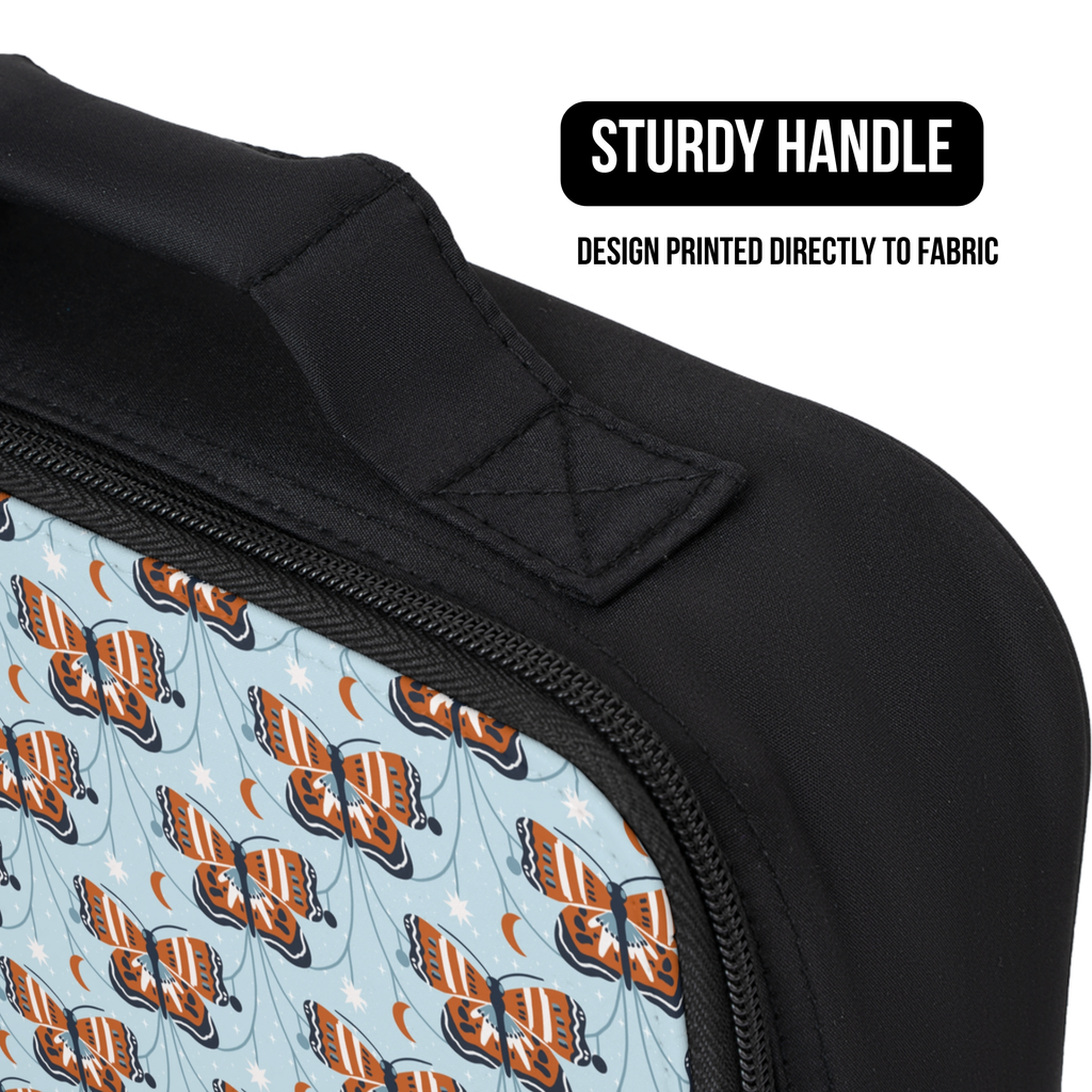 Black lunch bag with butterfly pattern and sturdy handle feature