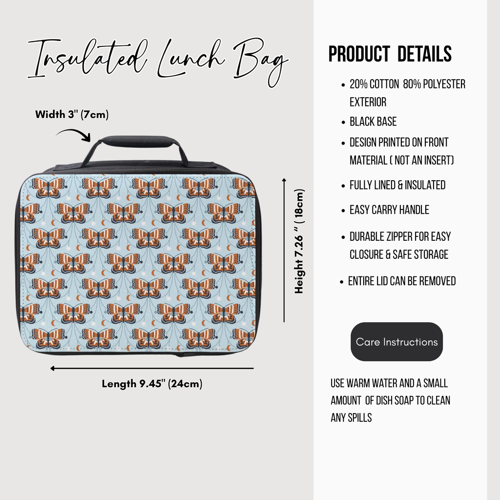Insulated lunch bag with butterfly pattern and product details on a white background