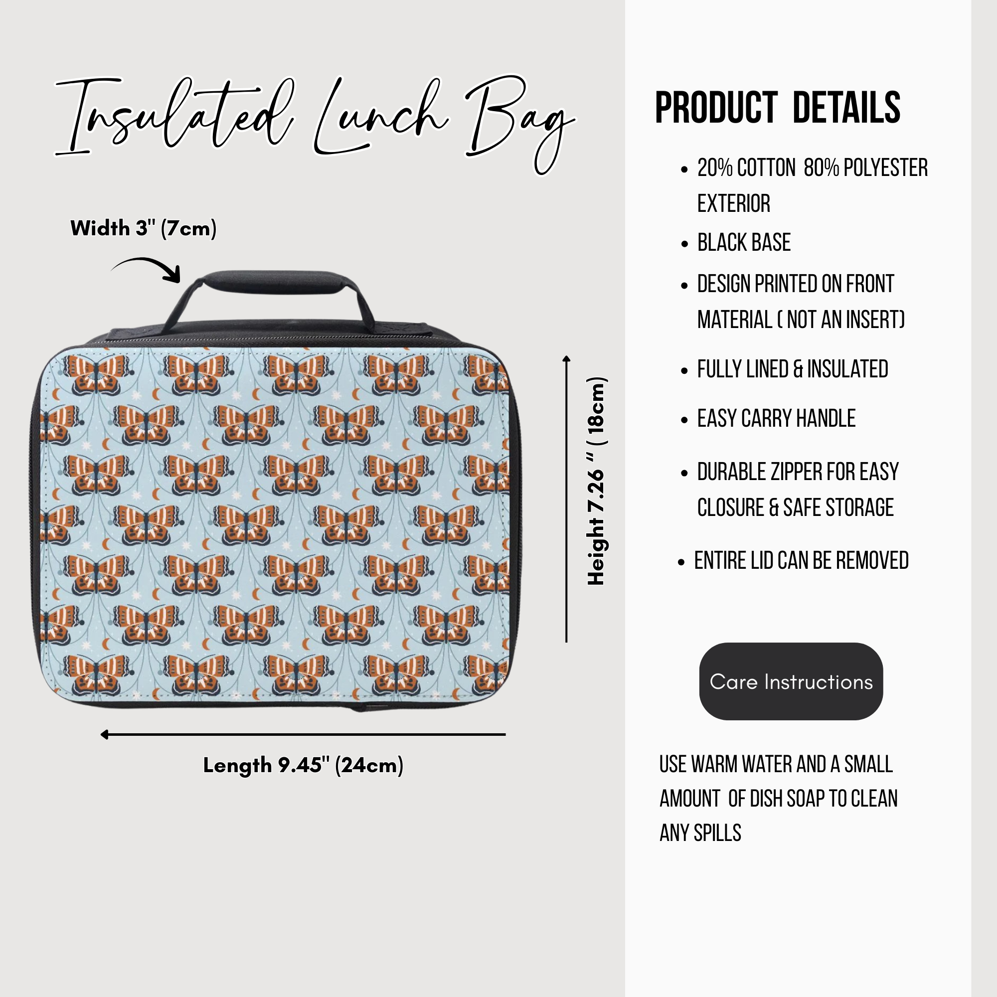Insulated lunch bag with butterfly pattern and product details on a white background