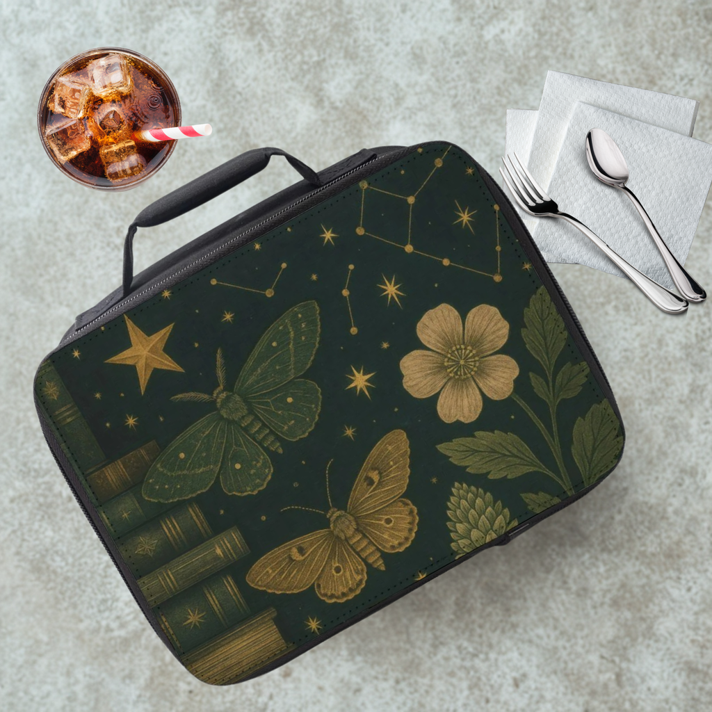 Lunch bag with nature-themed design featuring butterflies and flowers on a cafeteria table with a drink and utensils.