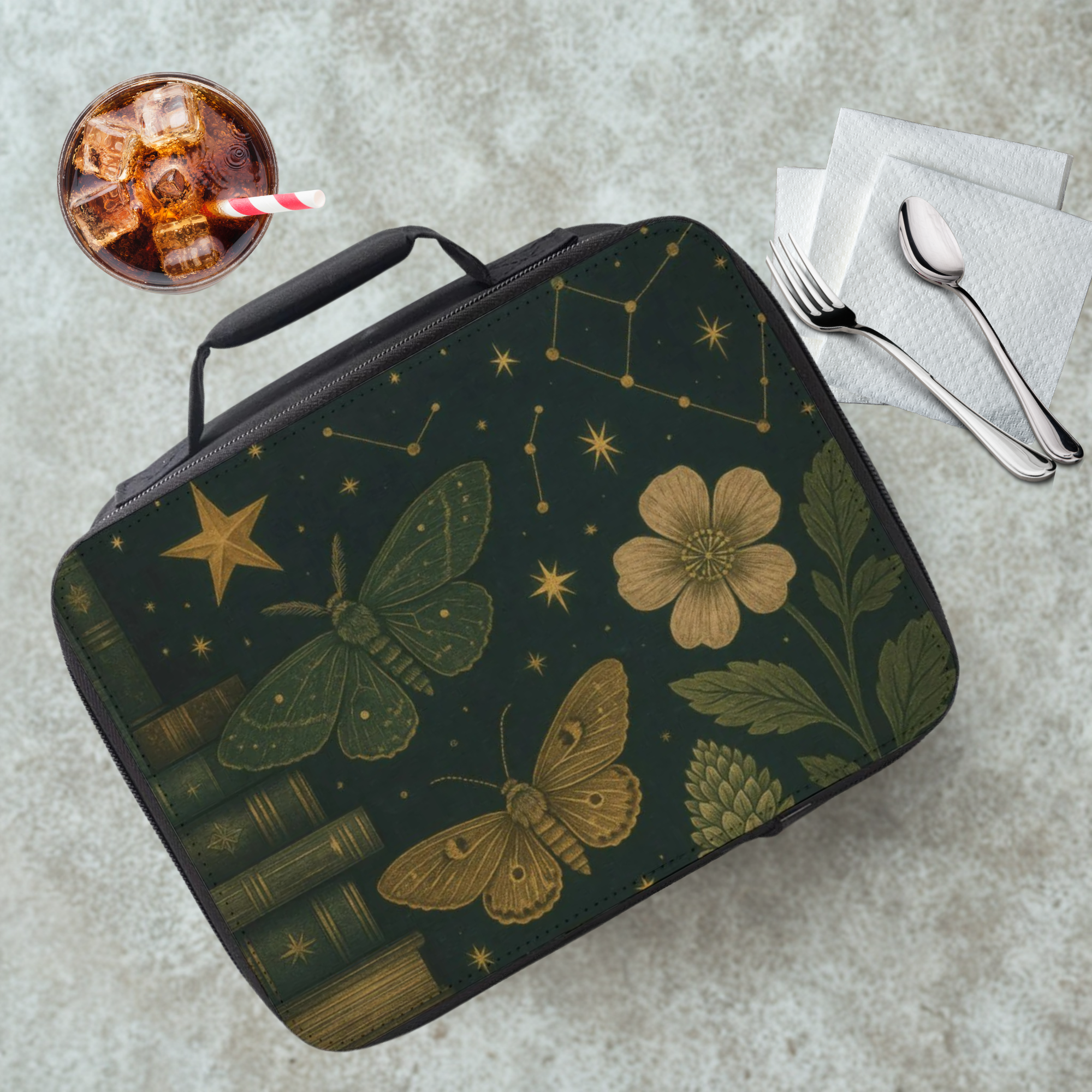 Lunch bag with nature-themed design featuring butterflies and flowers on a cafeteria table with a drink and utensils.