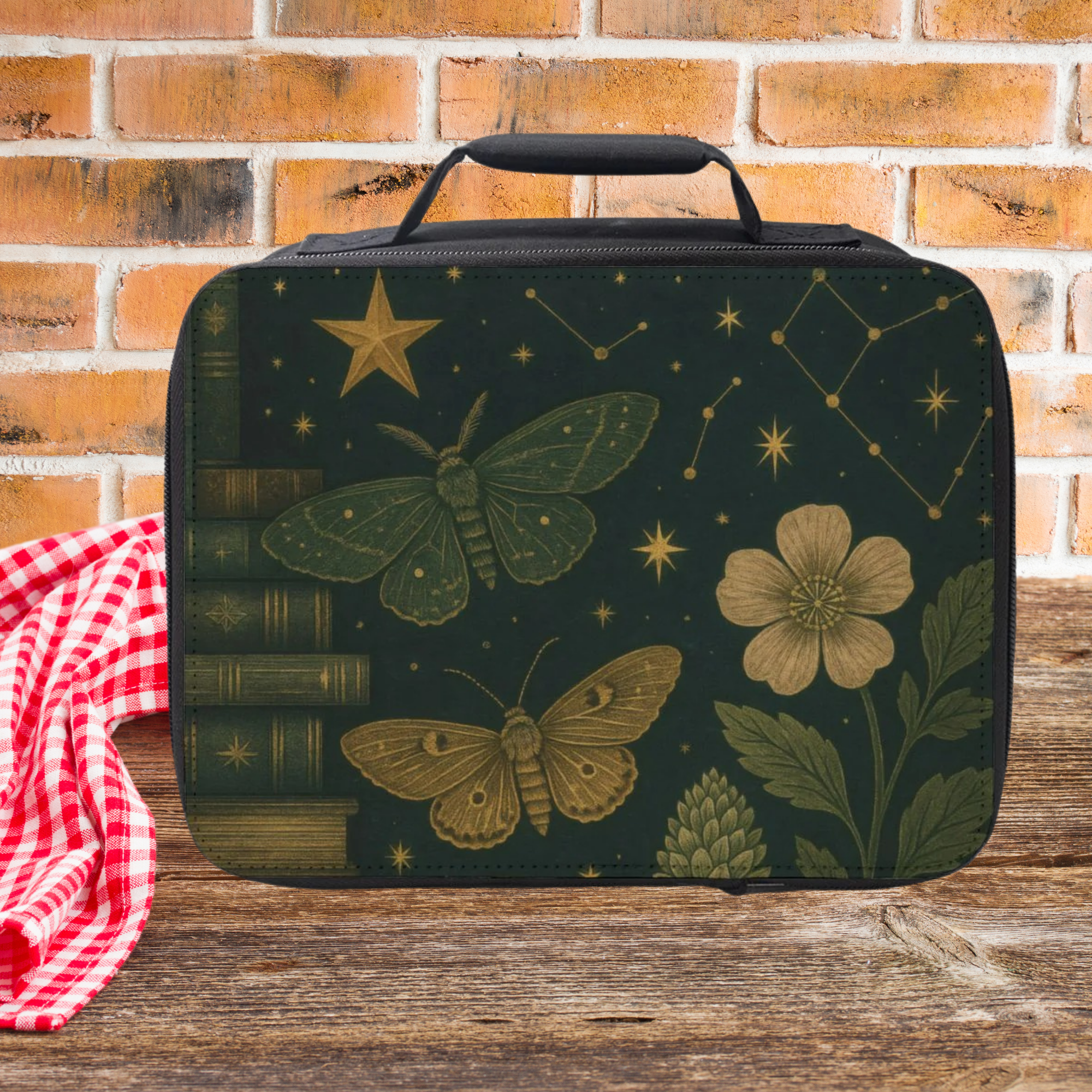 Green carrying case with butterfly and star design on a wooden picnic table with brick wall background