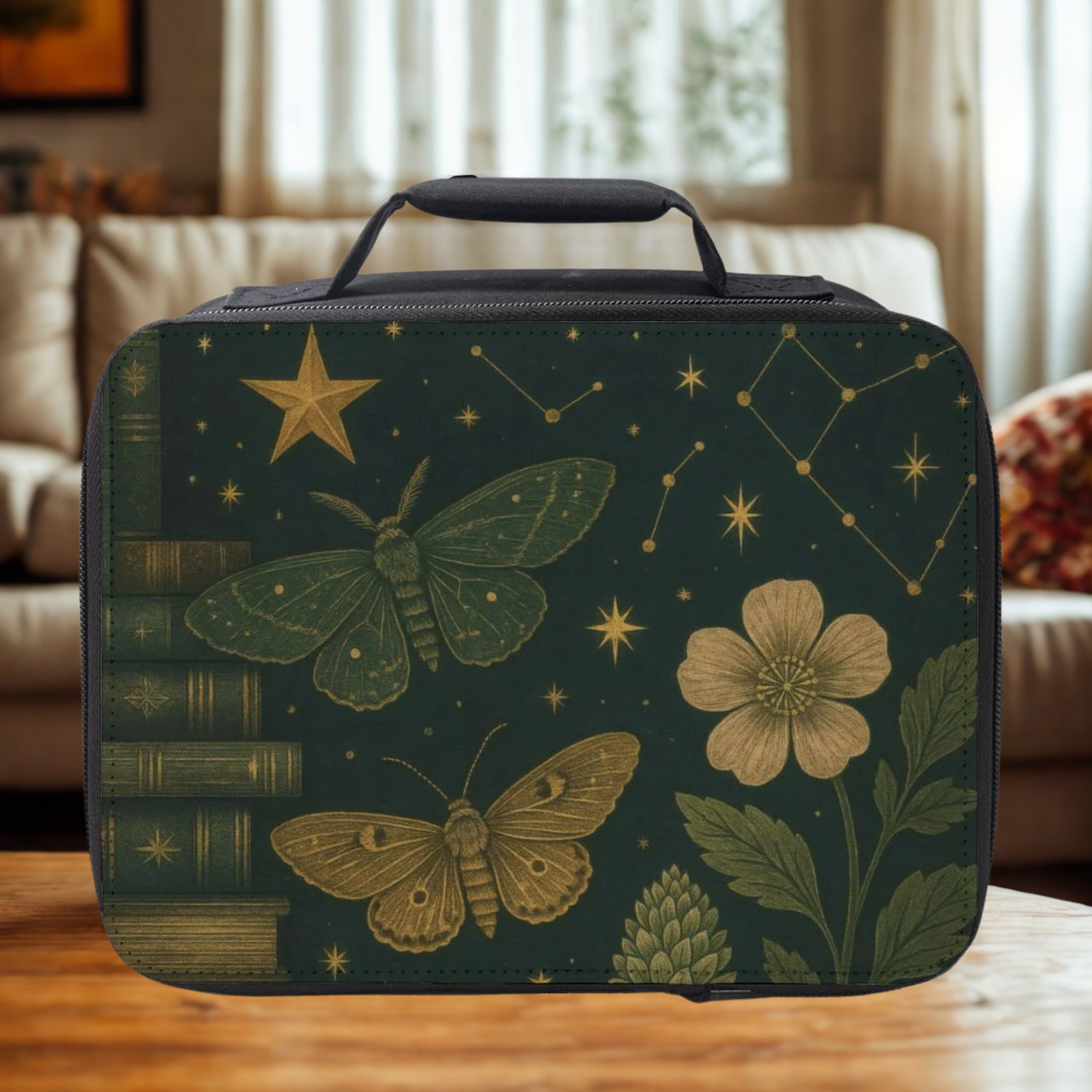  insulated lunch bag with nature-themed design featuring butterflies, flowers, and stars on a wooden surface.