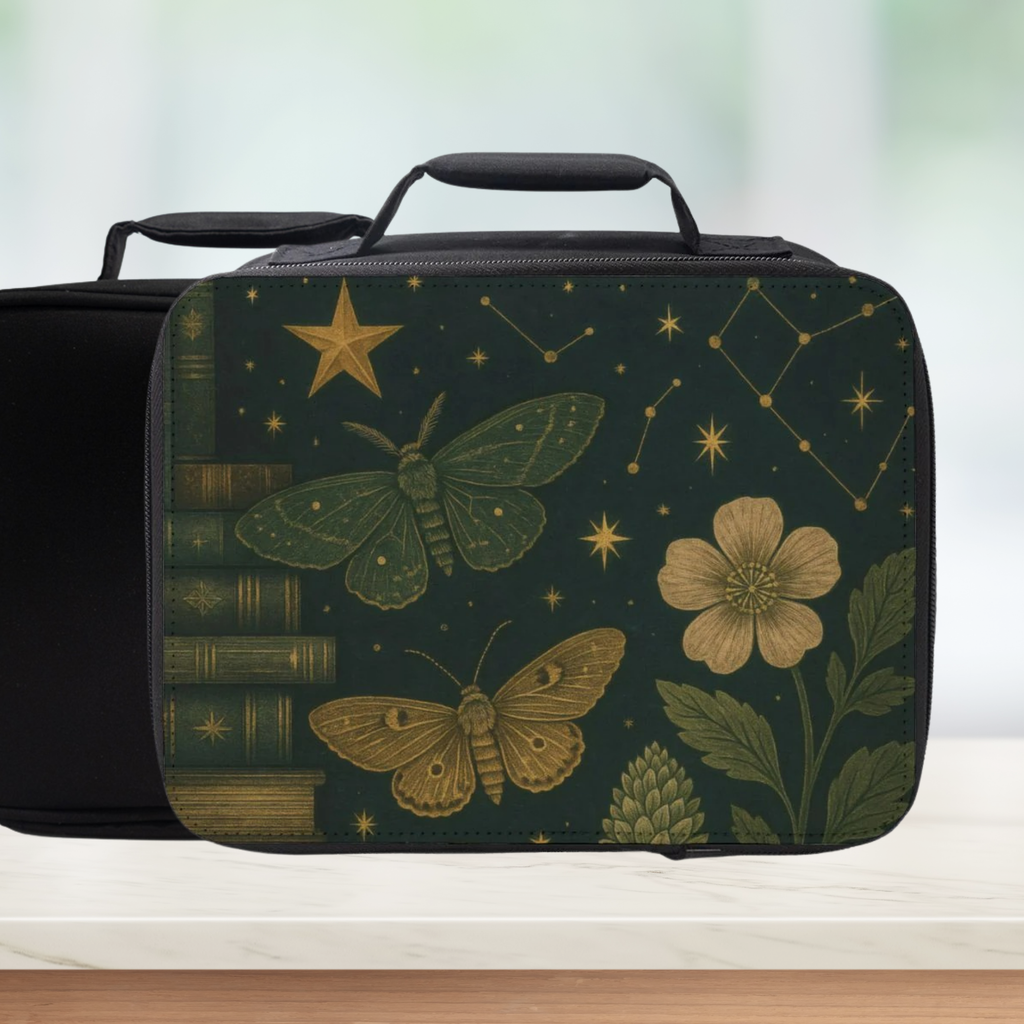 Black rectangular bag with gold butterfly, flower, and star design on a green background
