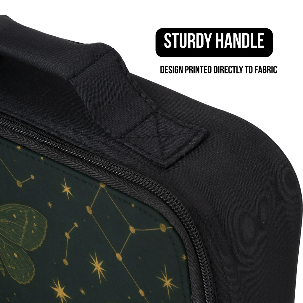 Black lunch bag with celestial design printed directly to fabric and sturdy handle feature
