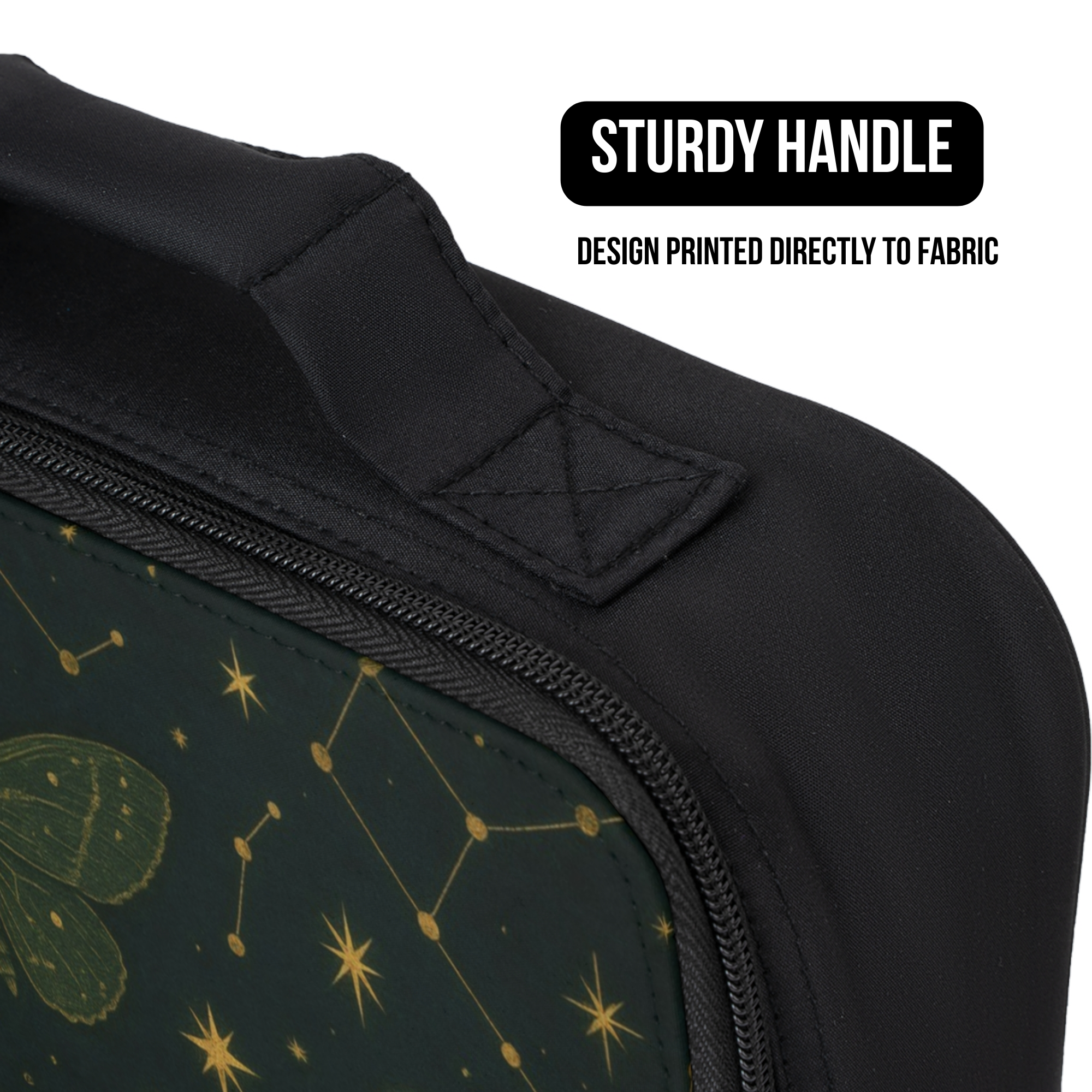 Black lunch bag with celestial design printed directly to fabric and sturdy handle feature