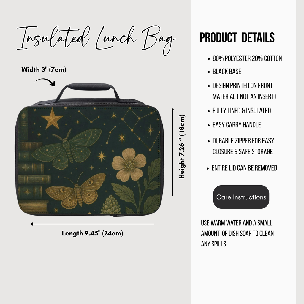 Insulated lunch bag with butterfly and floral design, featuring dimensions and product details.