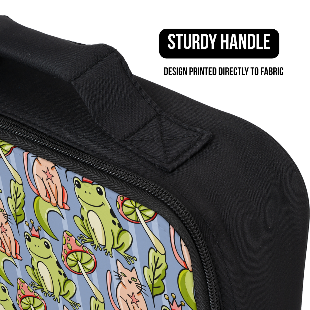Black lunch bag with frog design and sturdy handle feature