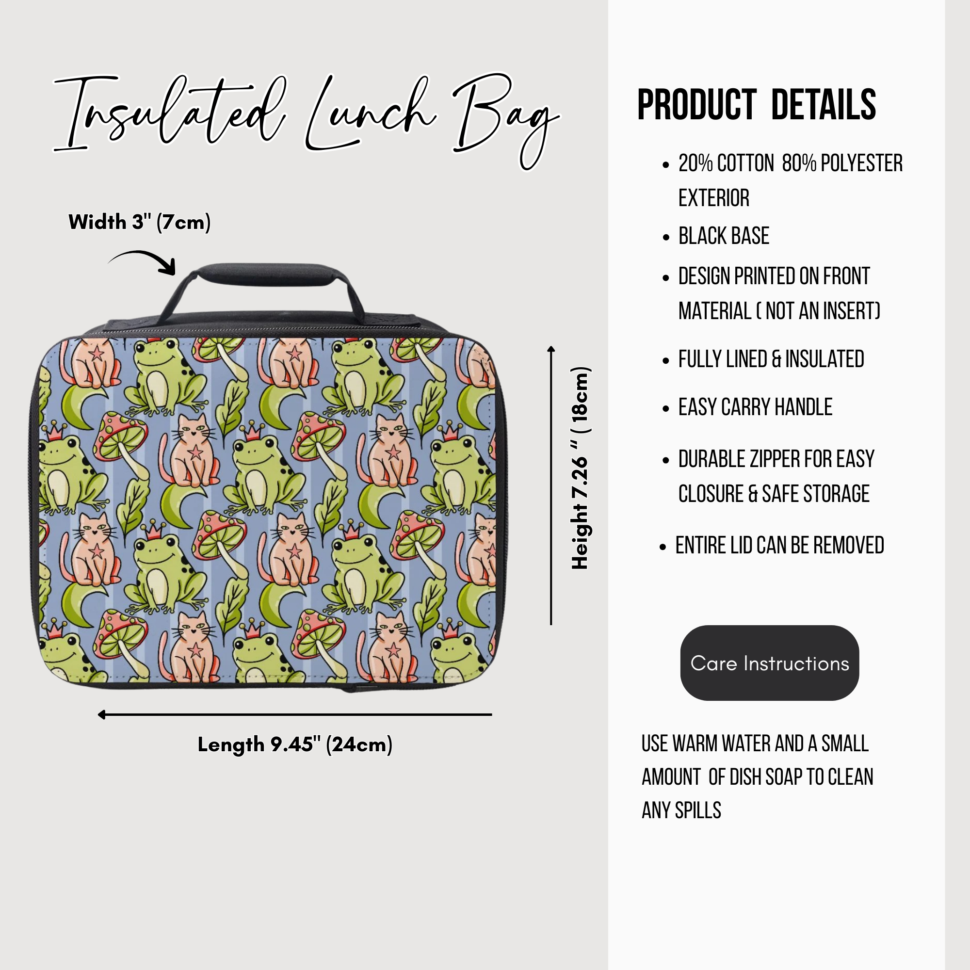 Insulated lunch bag with frog and cat pattern, featuring product details on a white background.