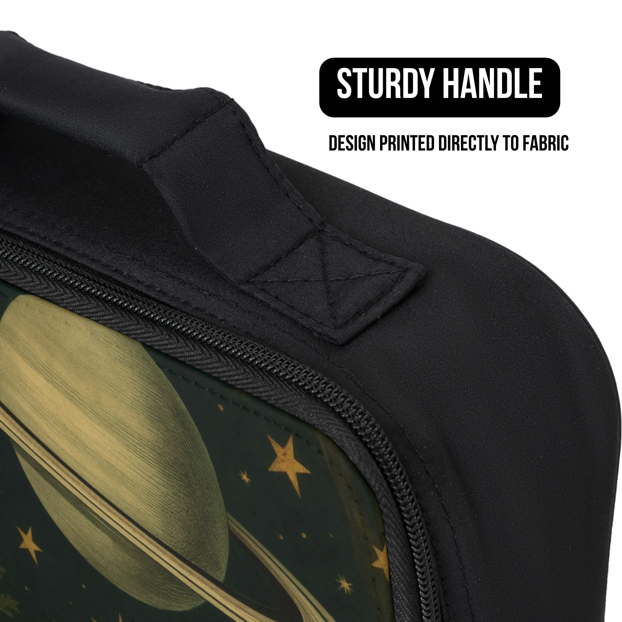 Black lunch bag with celestial design and 'Sturdy Handle' text on a white background