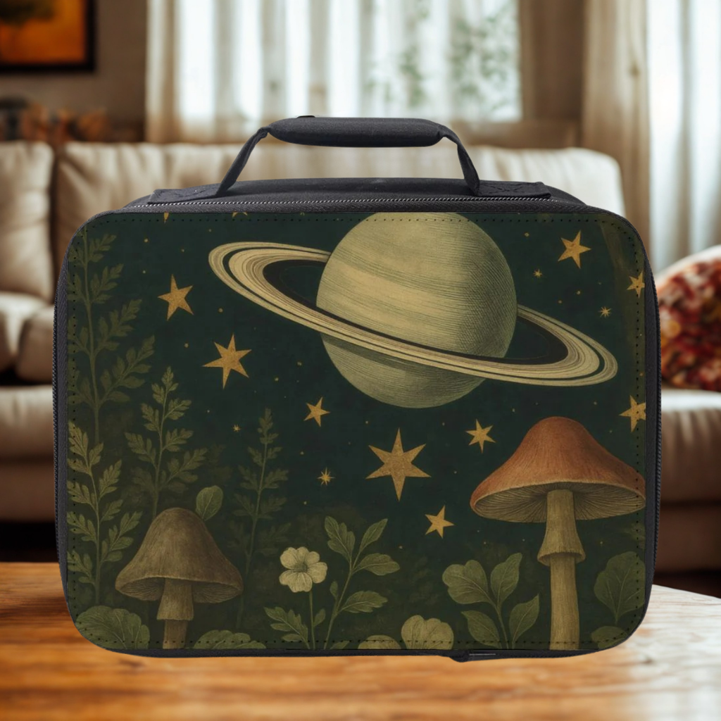  insulated lunch bag with space-themed design featuring Saturn, stars, and mushrooms on a wooden coffee table in a cozy living room.