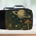  insulated lunch bag with space-themed design featuring planets, stars, and mushrooms on a green background