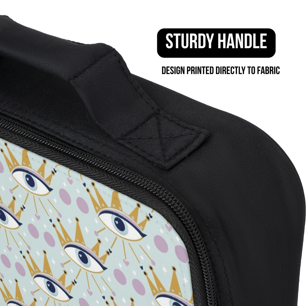 Black lunch bag with a celestial crowned eye pattern and 'Sturdy Handle' text on a light blue background