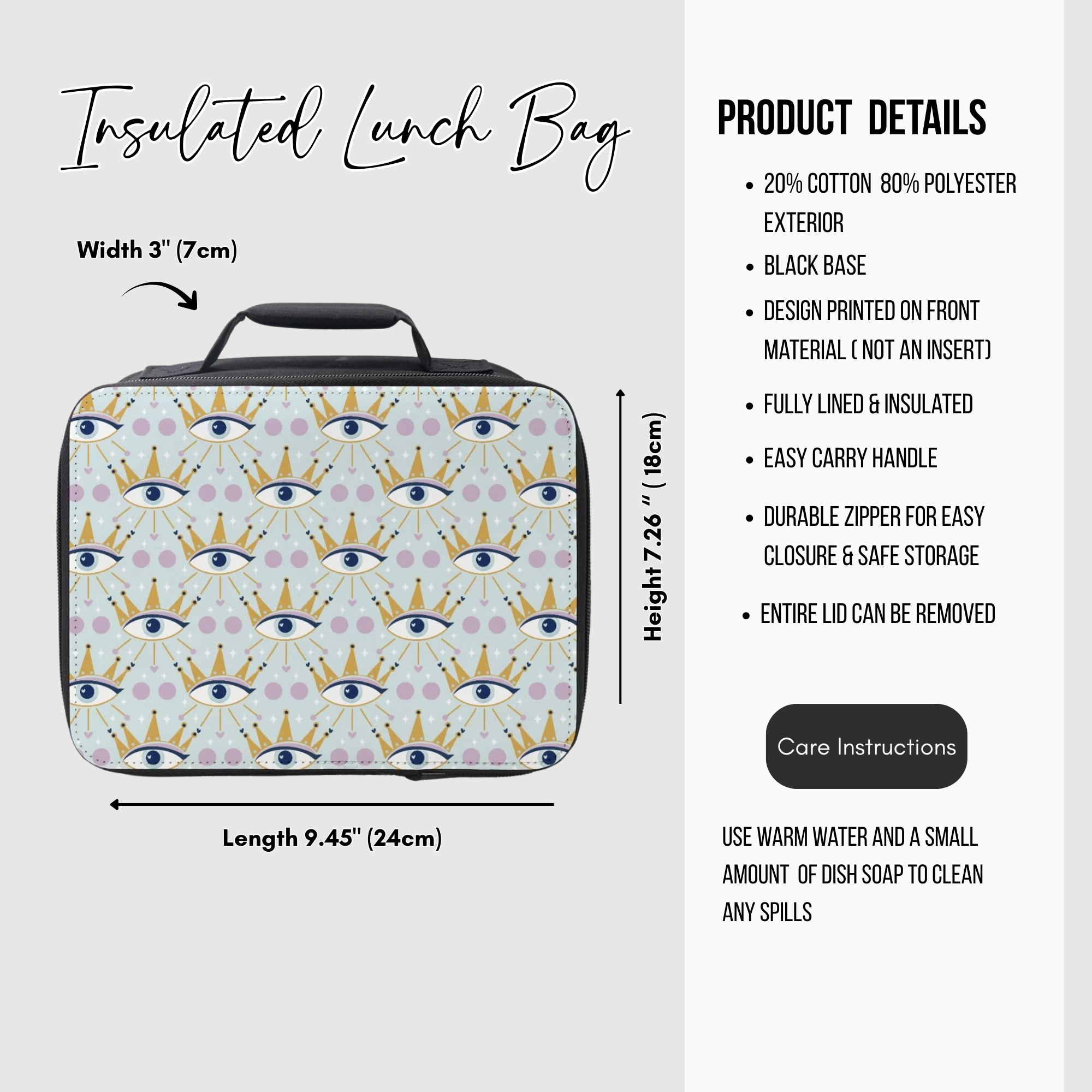 Insulated lunch bag with celestial eye pattern and product details on a white background
