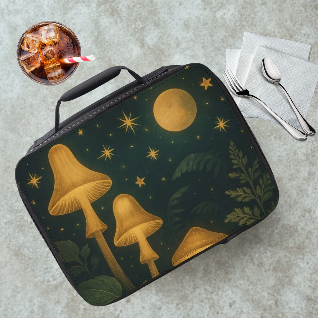 Lunch bag with mushroom design on a cafeteria table with a drink and utensils.