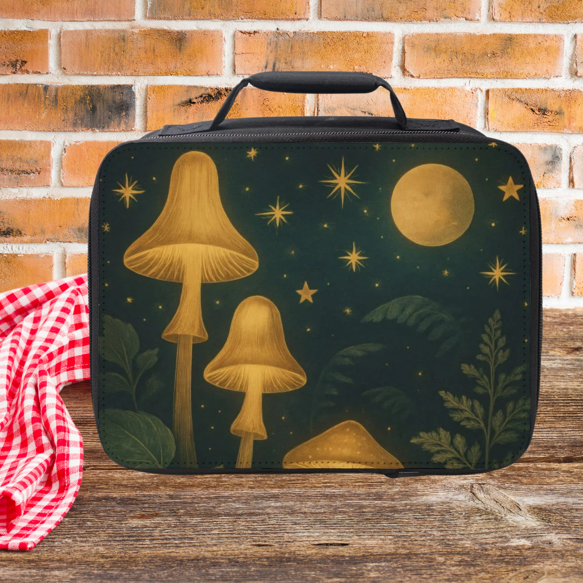 Rectangular insulated lunch bag with mushroom design on a wooden picnic table and brick wall background