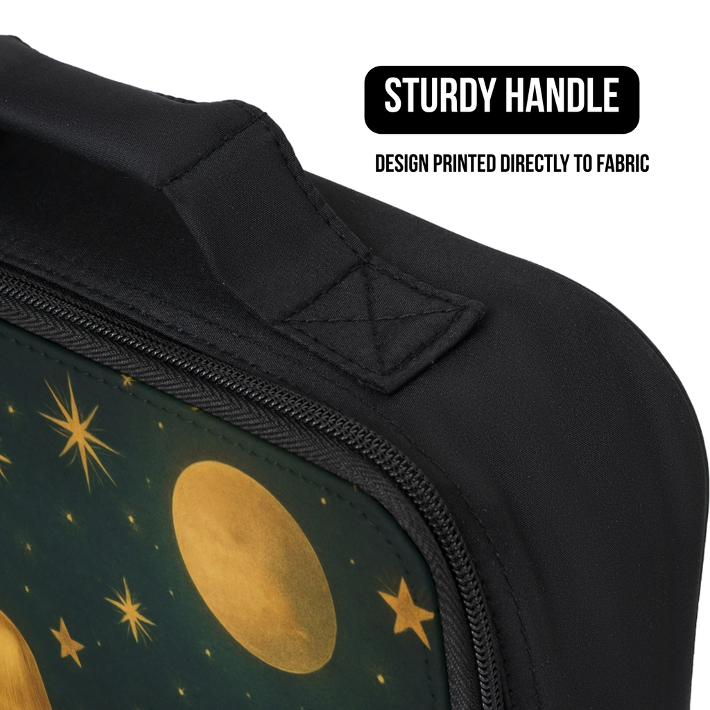 Black lunch bag with celestial design and 'Sturdy Handle' text