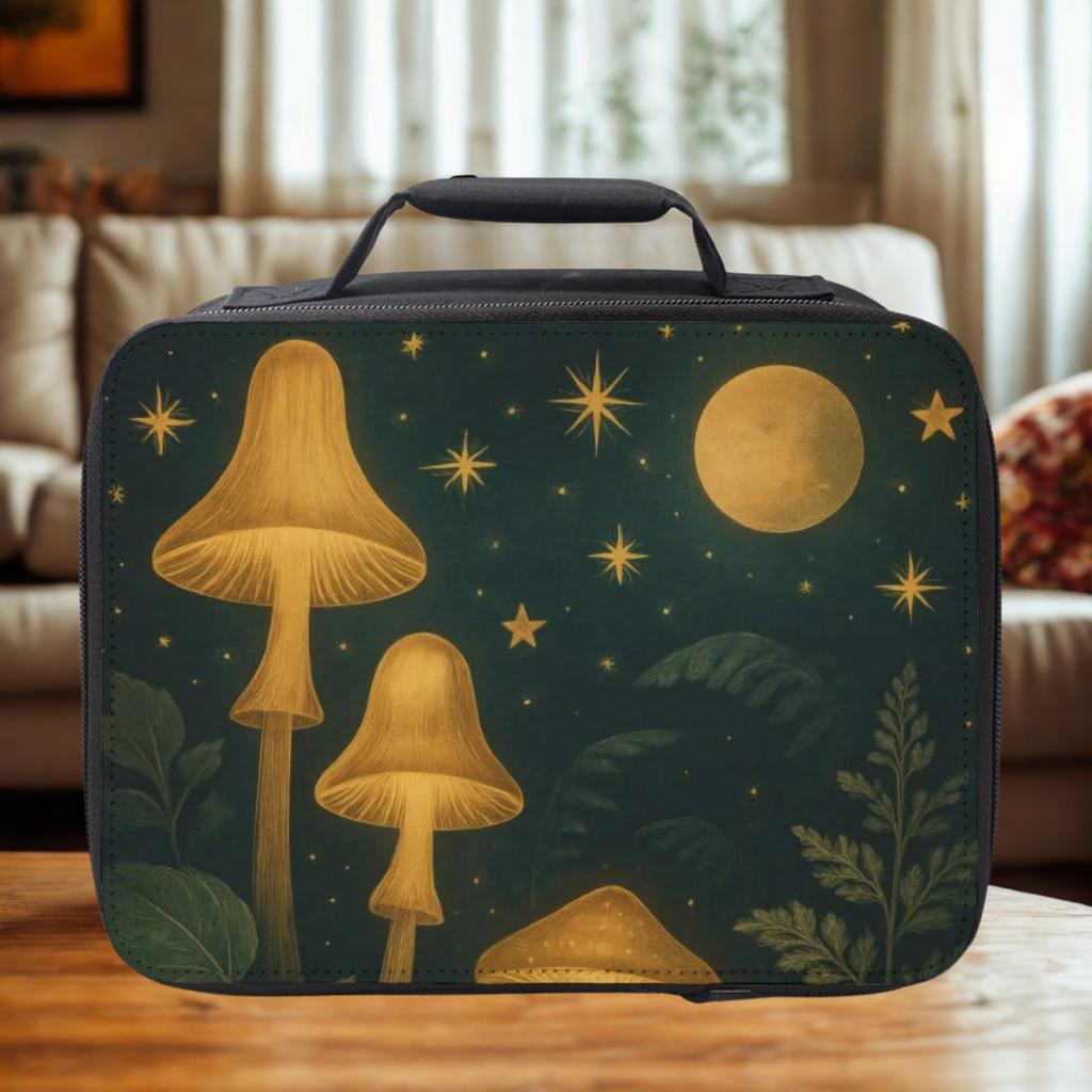 Insulated lunch bag with mushroom and night sky design on a wooden coffee table in a cozy living room