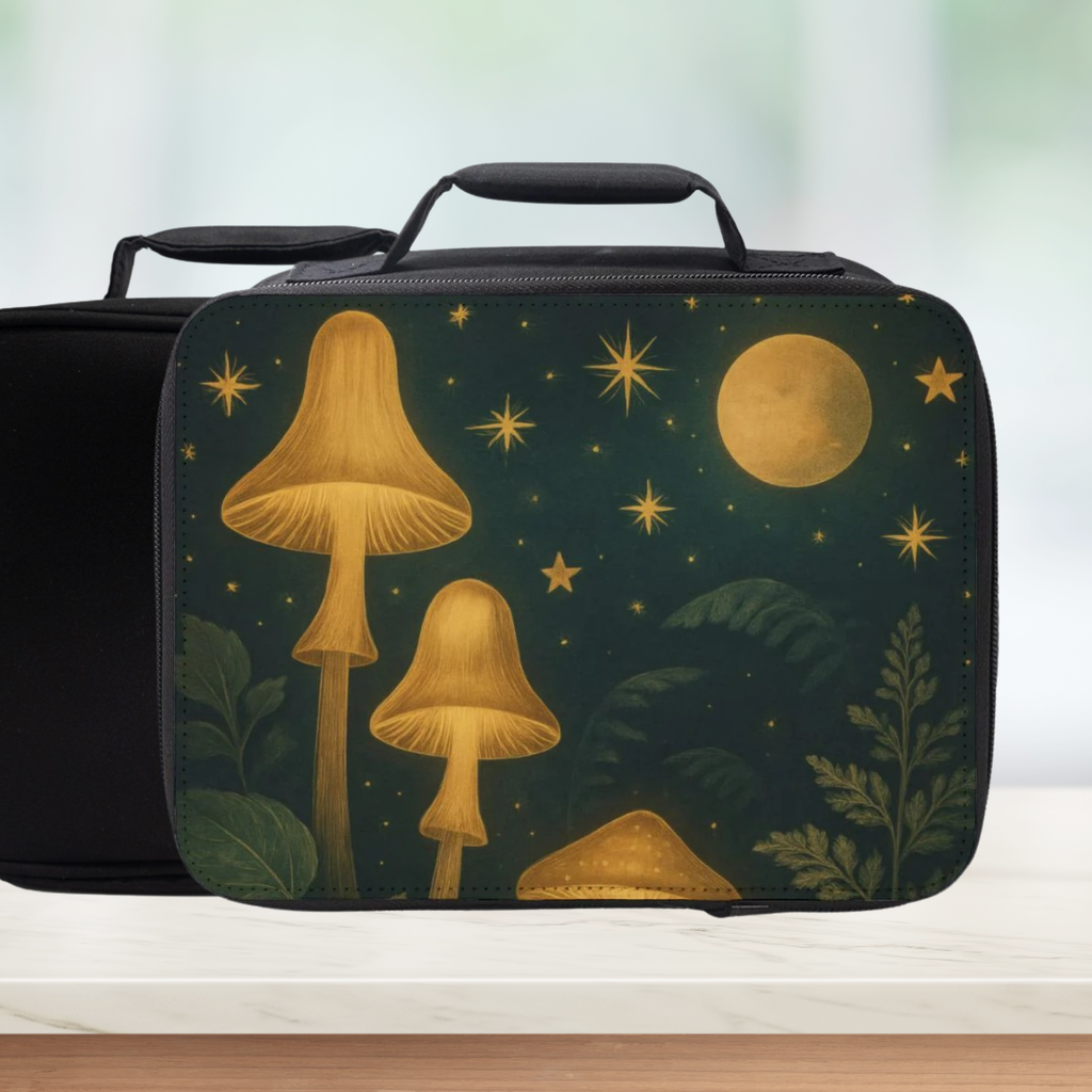 Black lunch bag with mushroom and moon design on a green background