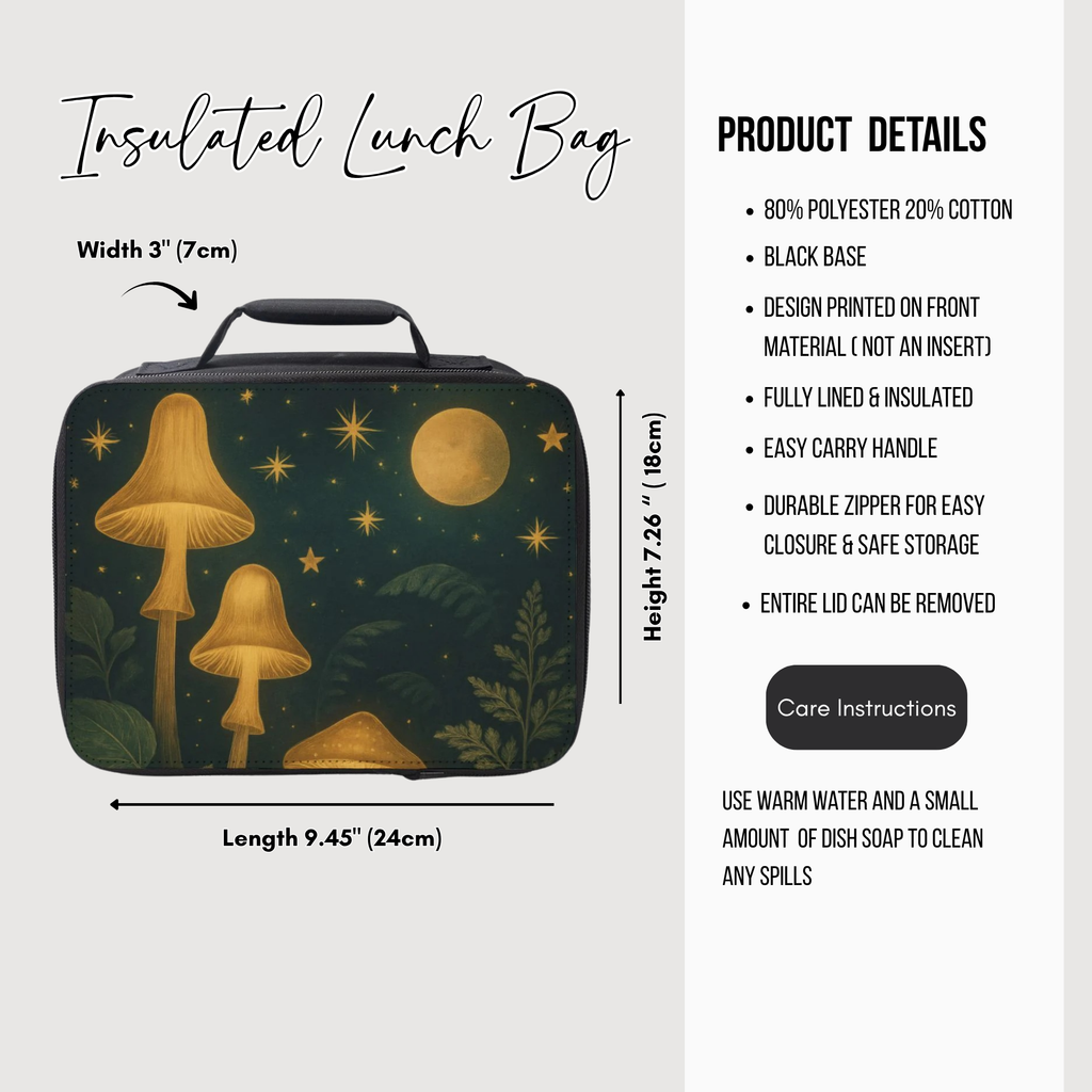 Insulated lunch bag with mushroom design and product details on a white background