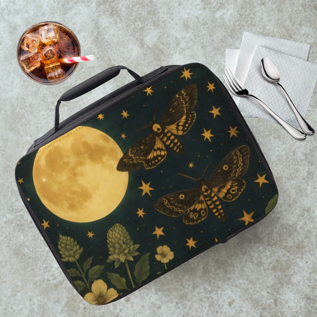 Lunch bag with moon and moth design on a cafeteria table with a drink and utensils.