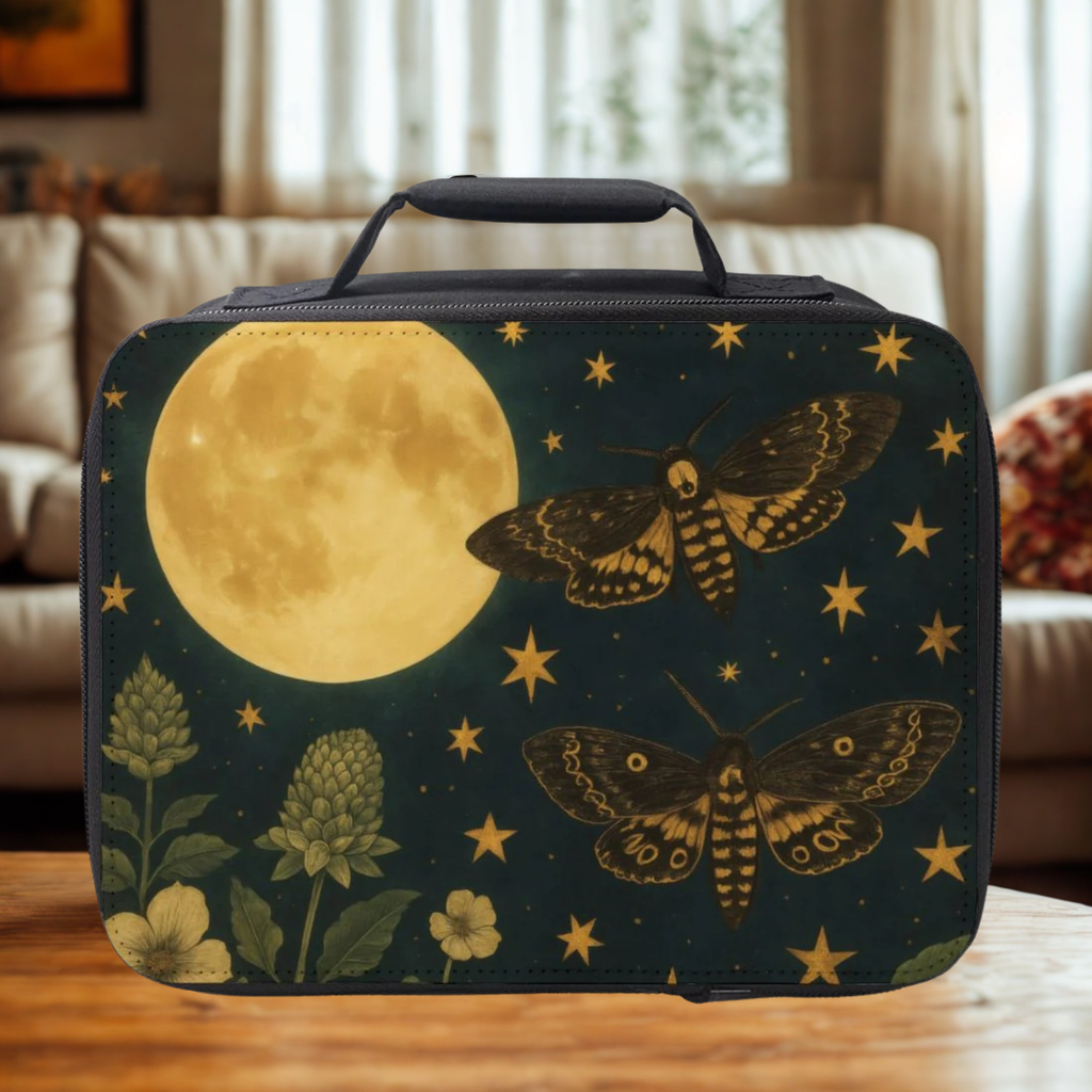  insulated lunch bag with moth and moon design on a wooden surface