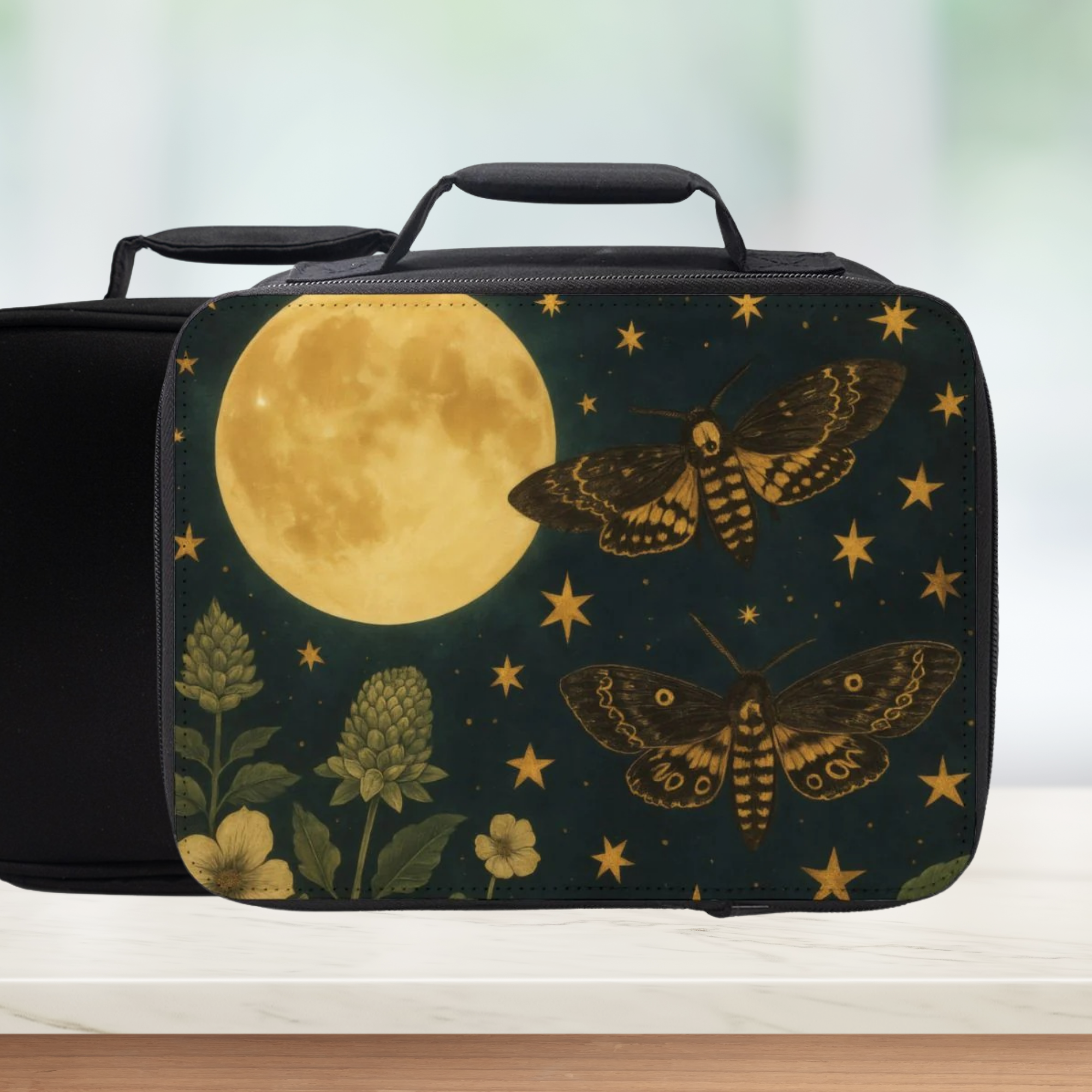 Black lunch bag with moon, stars, and moths design on a white surface