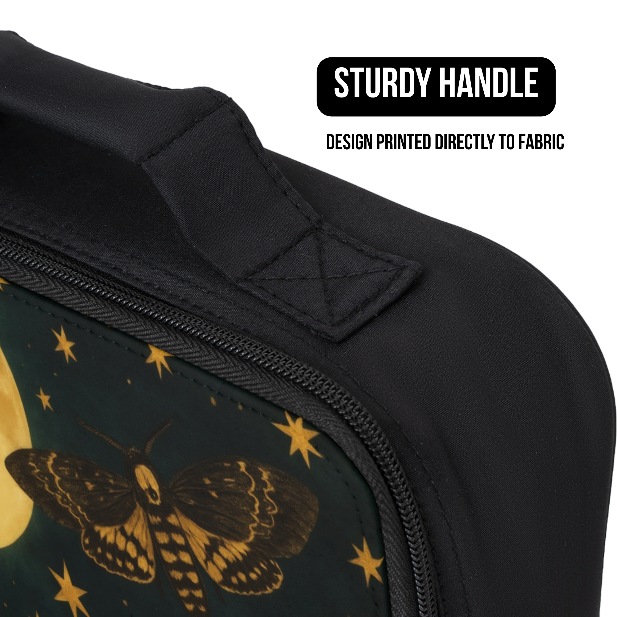 Black lunch bag with butterfly and star design, sturdy handle feature highlighted.