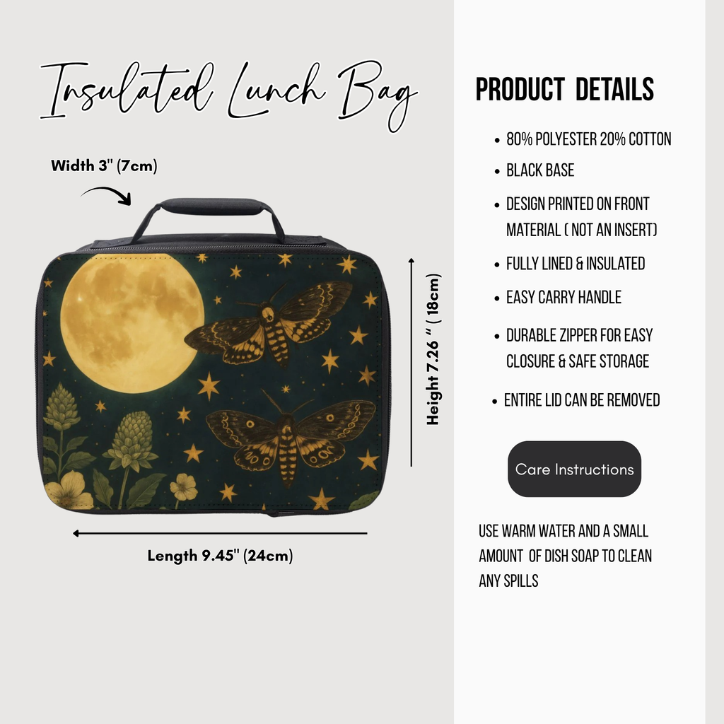 Insulated lunch bag with moon and moth design, featuring dimensions and product details.