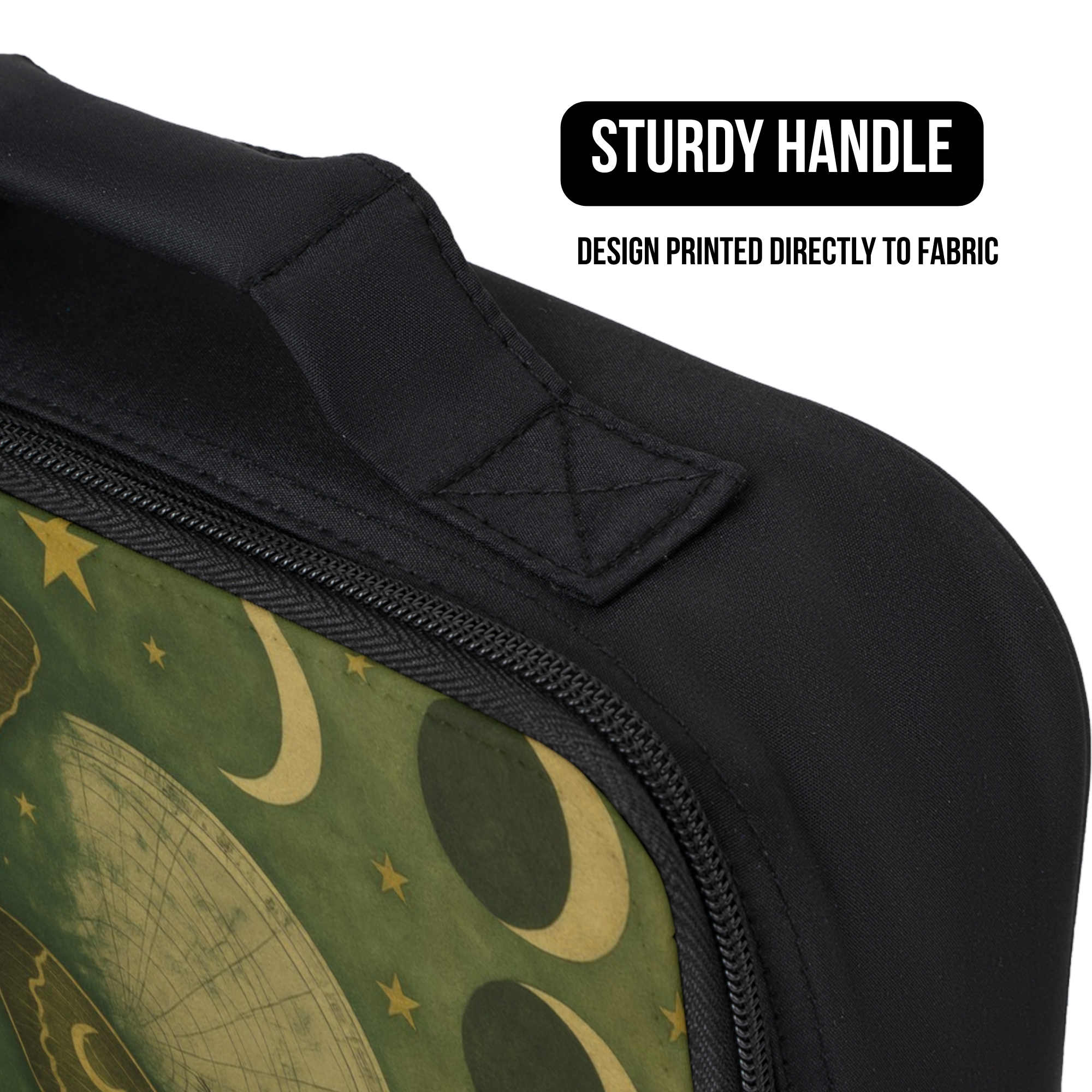 Black lunch bag with celestial design and sturdy handle feature