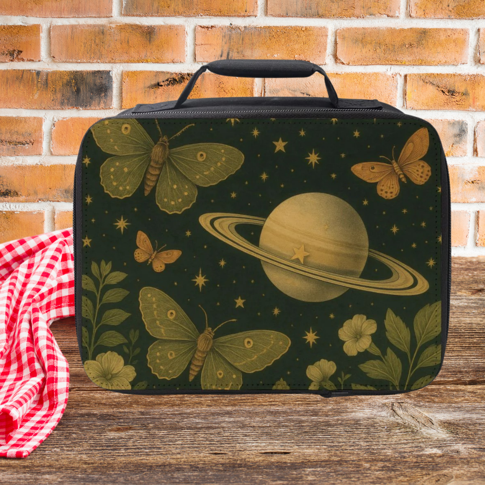  insulated lunch bag with space-themed design featuring moths and a planet on a wooden picnic table with a brick wall background.