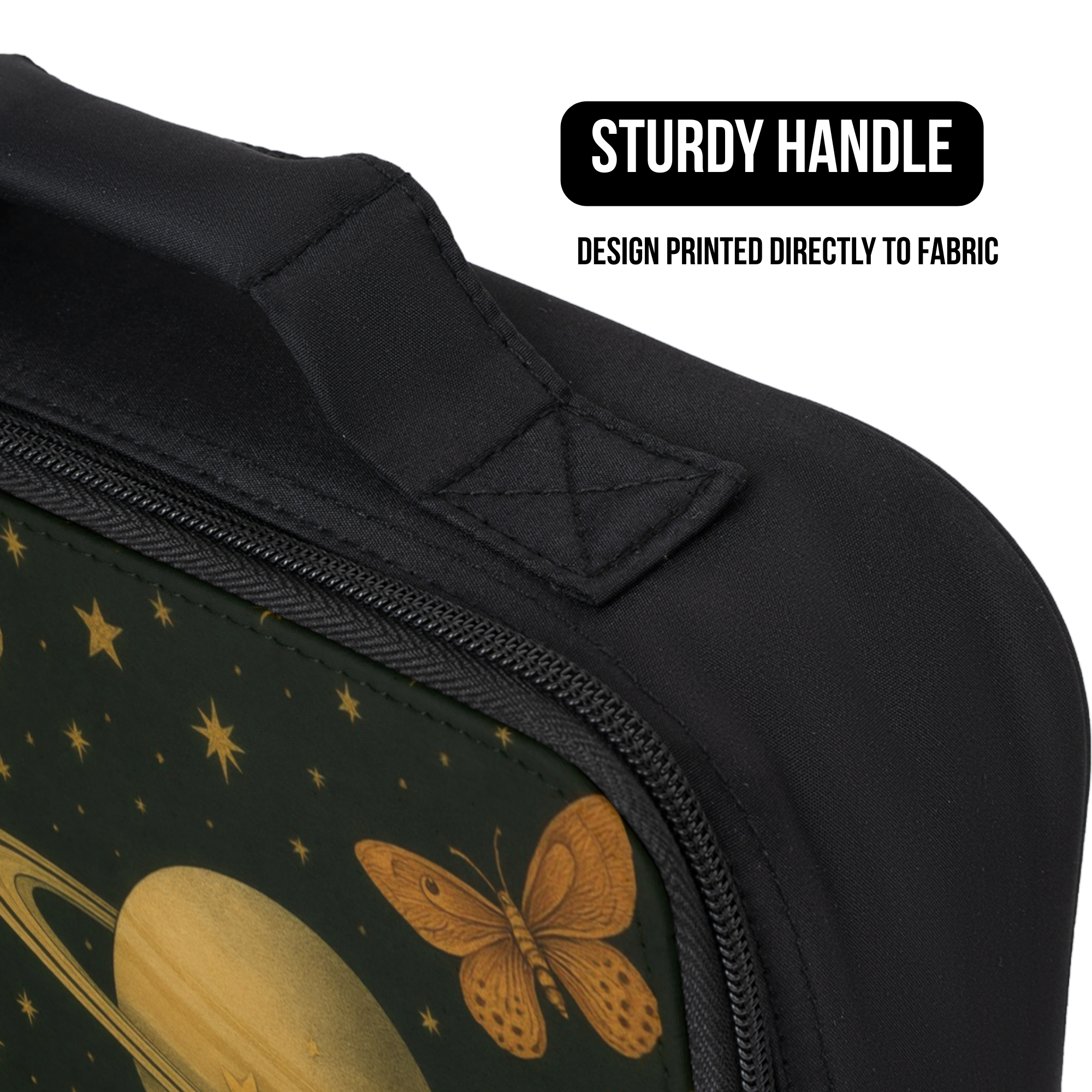 Black lunch bag with butterfly and planet design, featuring a sturdy handle.