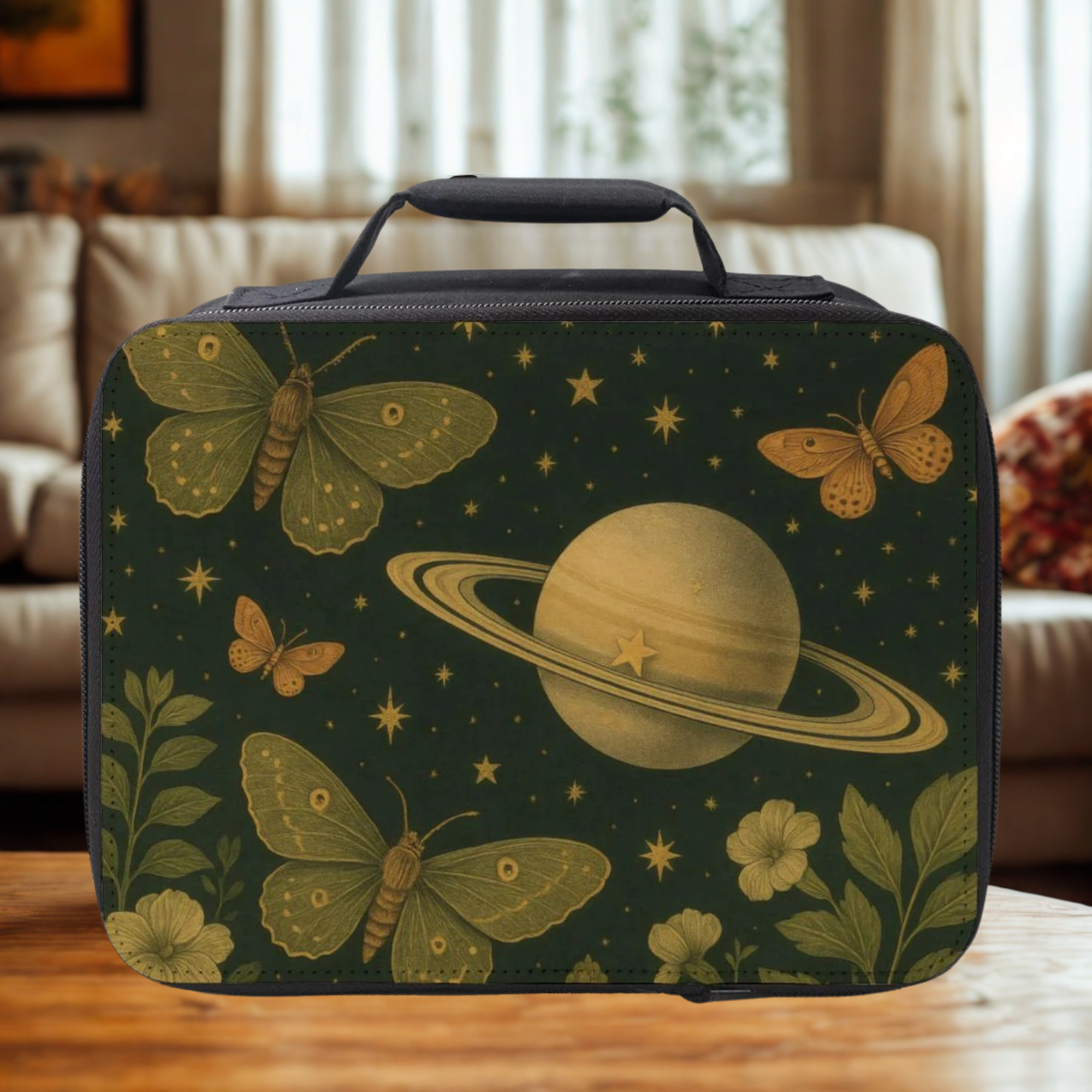 Rectangular bag with celestial design featuring planets, stars, and butterflies on a wooden coffee table in a cozy living room.