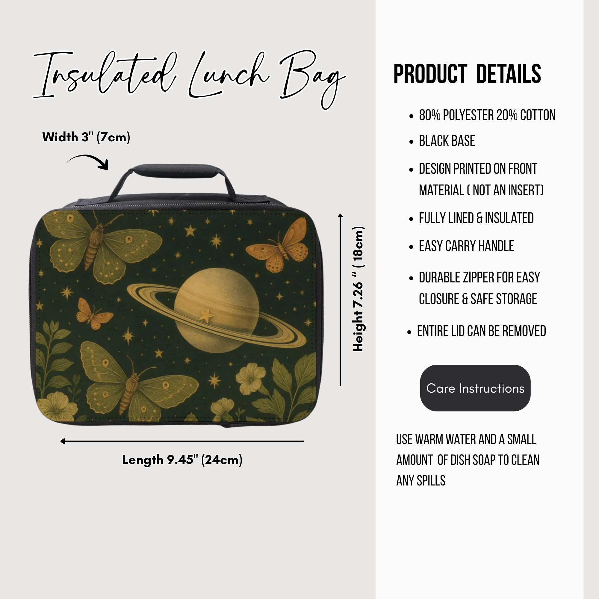 Insulated lunch bag with space-themed design and product details on a white background