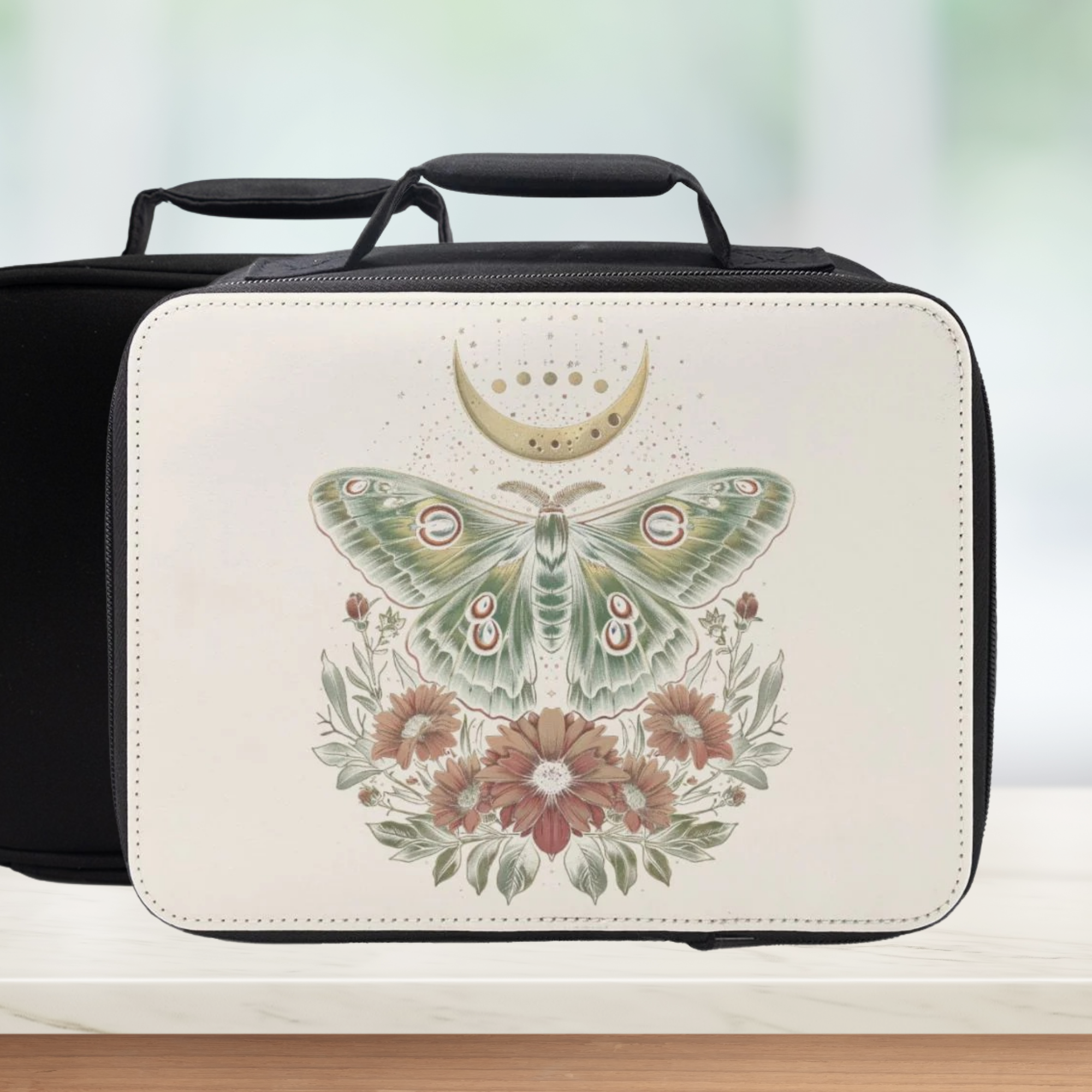 Cosmetic bag with green moth design on a white background