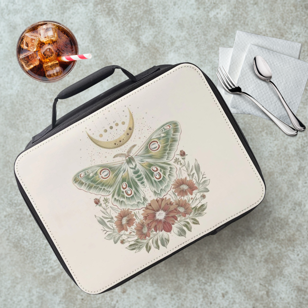  insulated lunch bag with celestial moth design on a cafeteria table with a drink and eating utensils