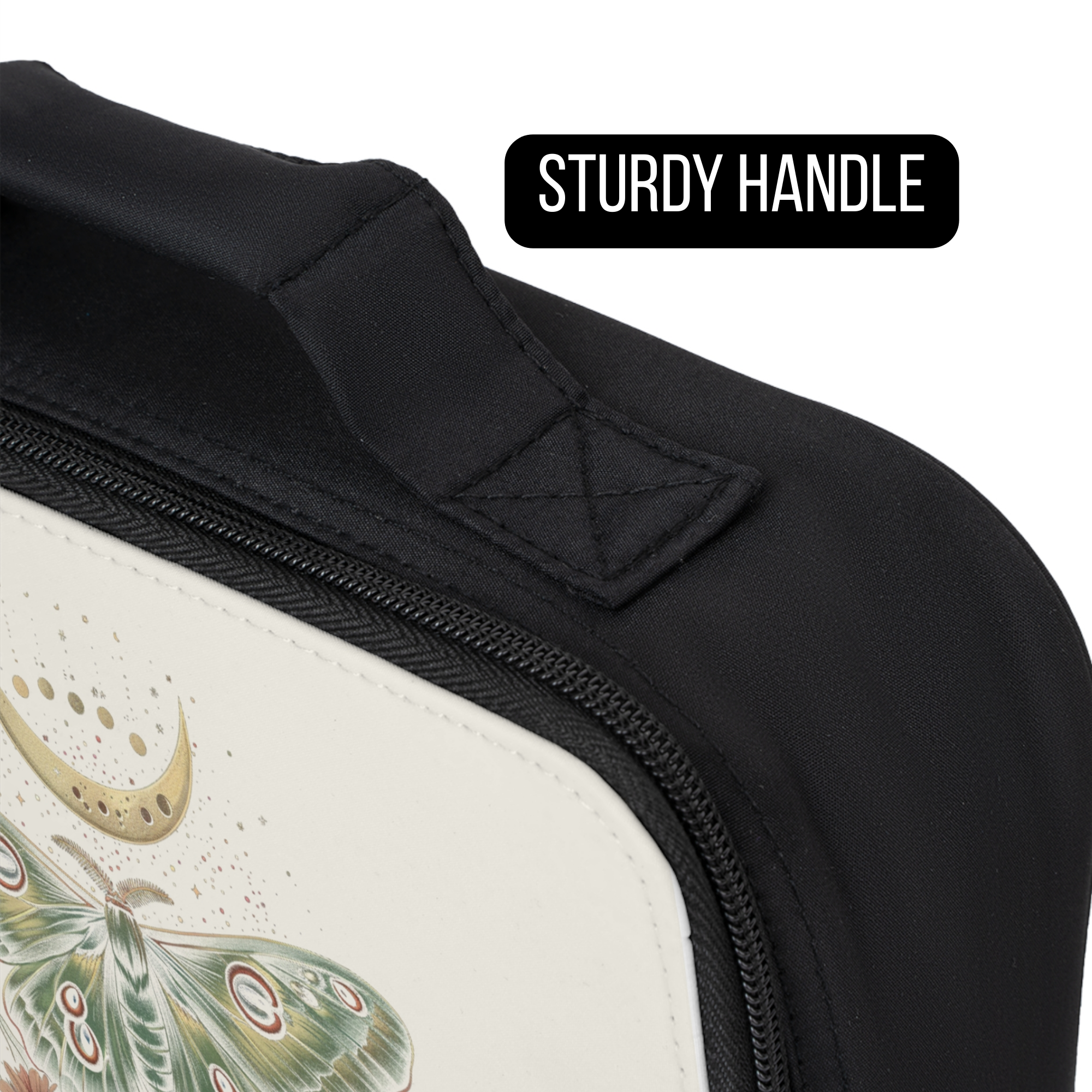 Close-up of a black bag with a handle and a moth illustration on a white background.