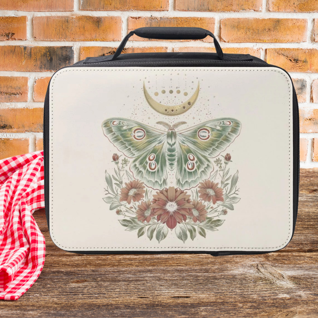 White lunch bag with celestial moth design on a wooden picnic table and brick wall background