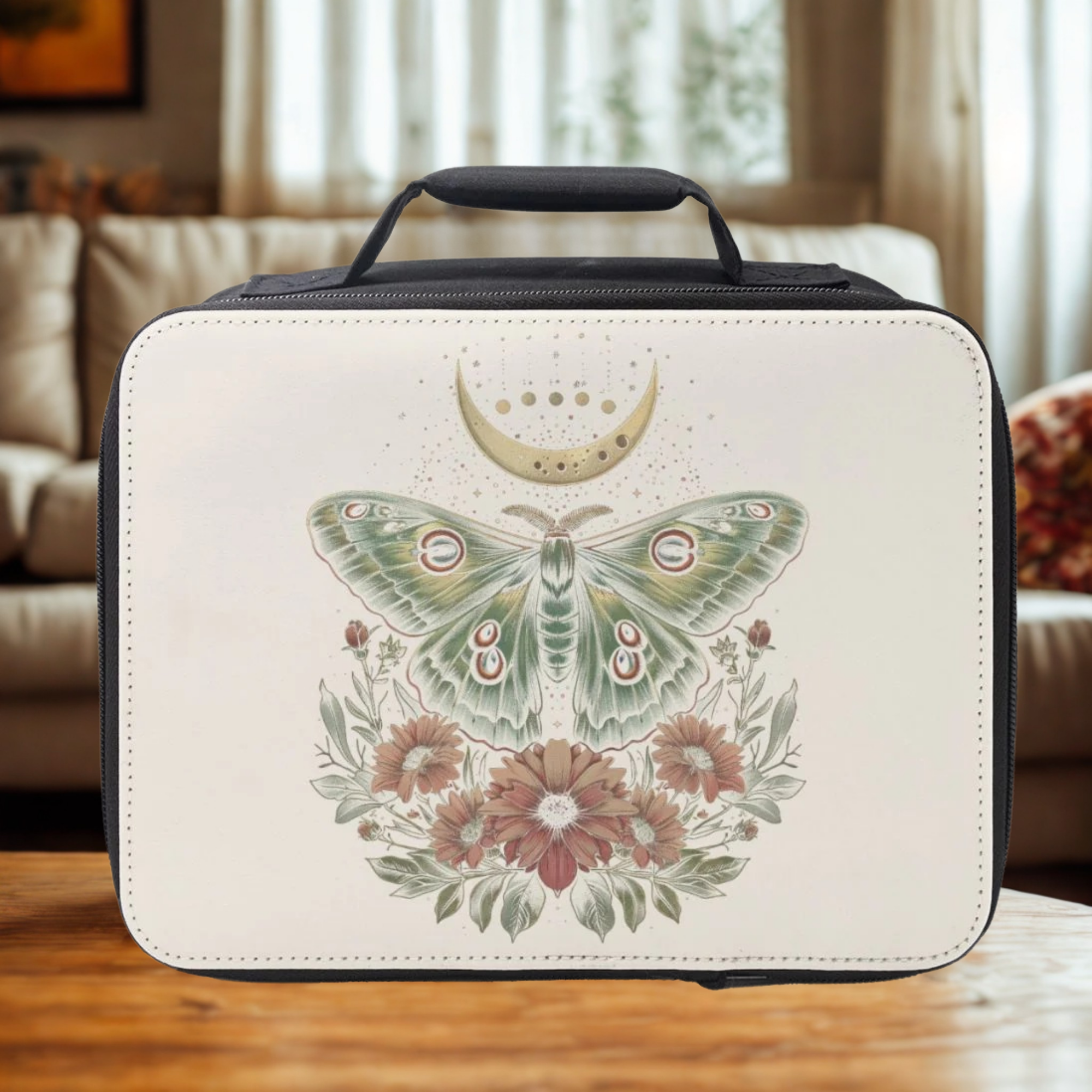 White lunch bag with butterfly design on a wooden coffee table in a cozy living room