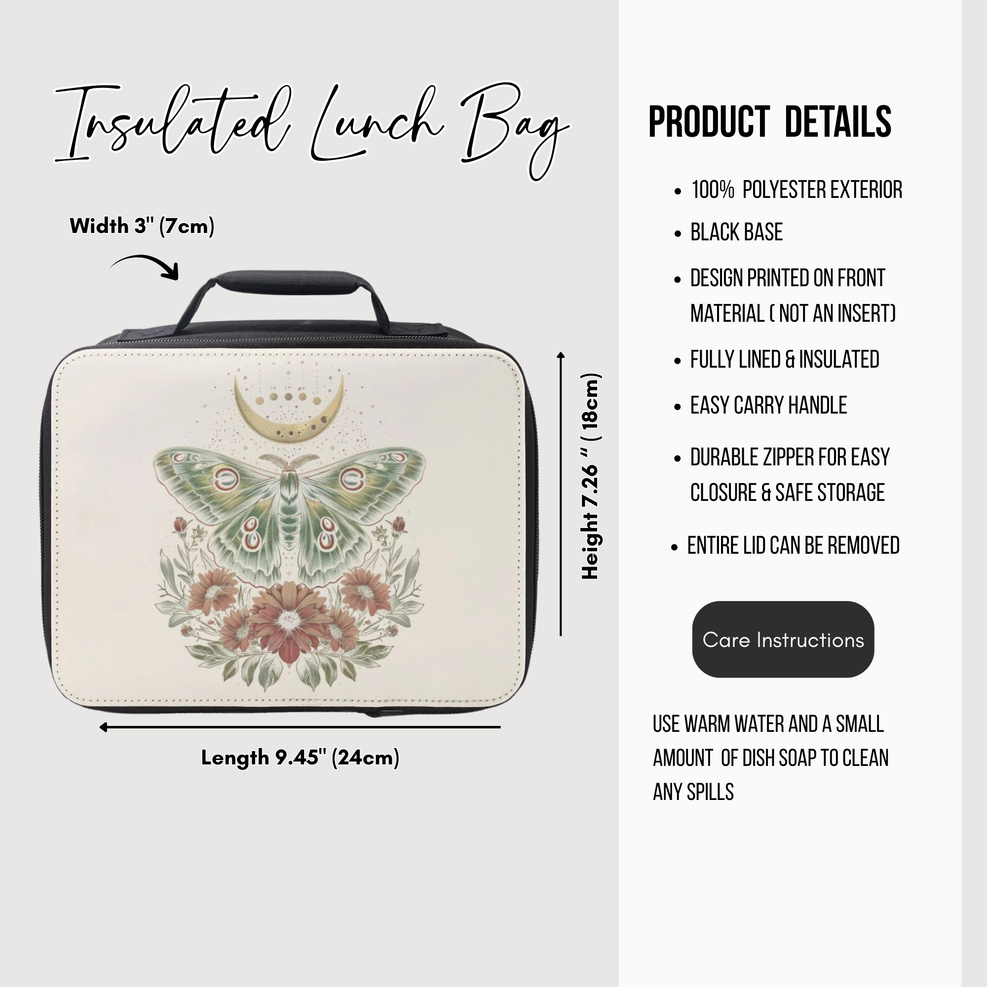 Insulated lunch bag with green celestial moth design and product details on a white background