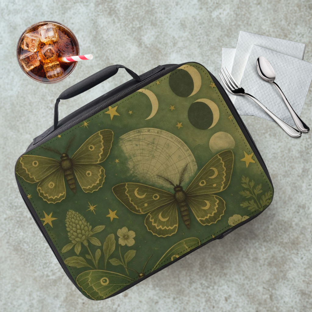 Green lunch bag with celestial lunar moth design on a cafeteria table with a drink and utensils.