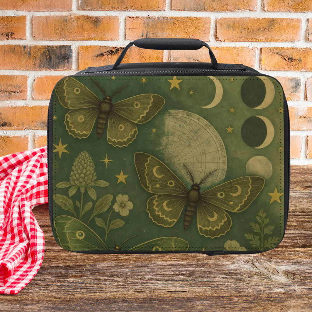 Green patterned bag with Moths and celestial designs on a wooden picnic table with a brick wall background.