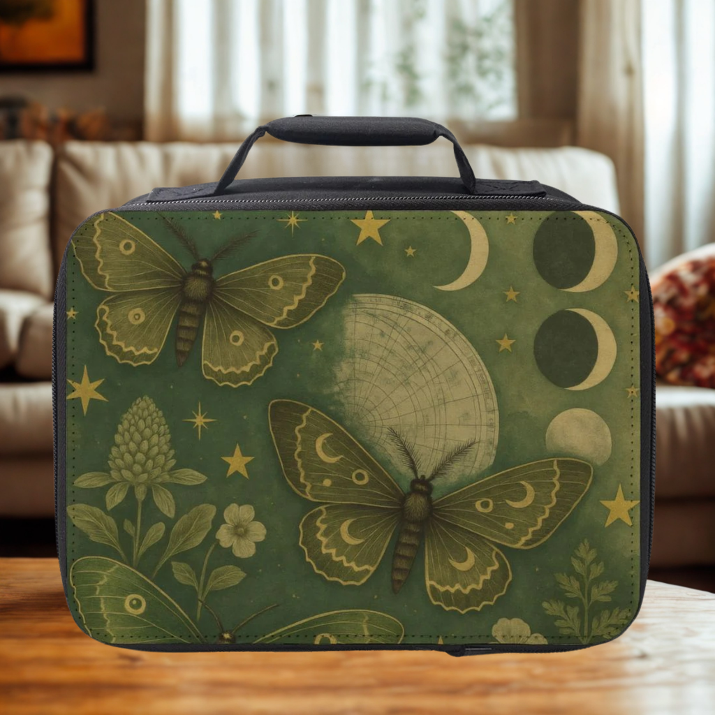 Green lunch bag with moth and moon design on a wooden coffee table in a cozy living room