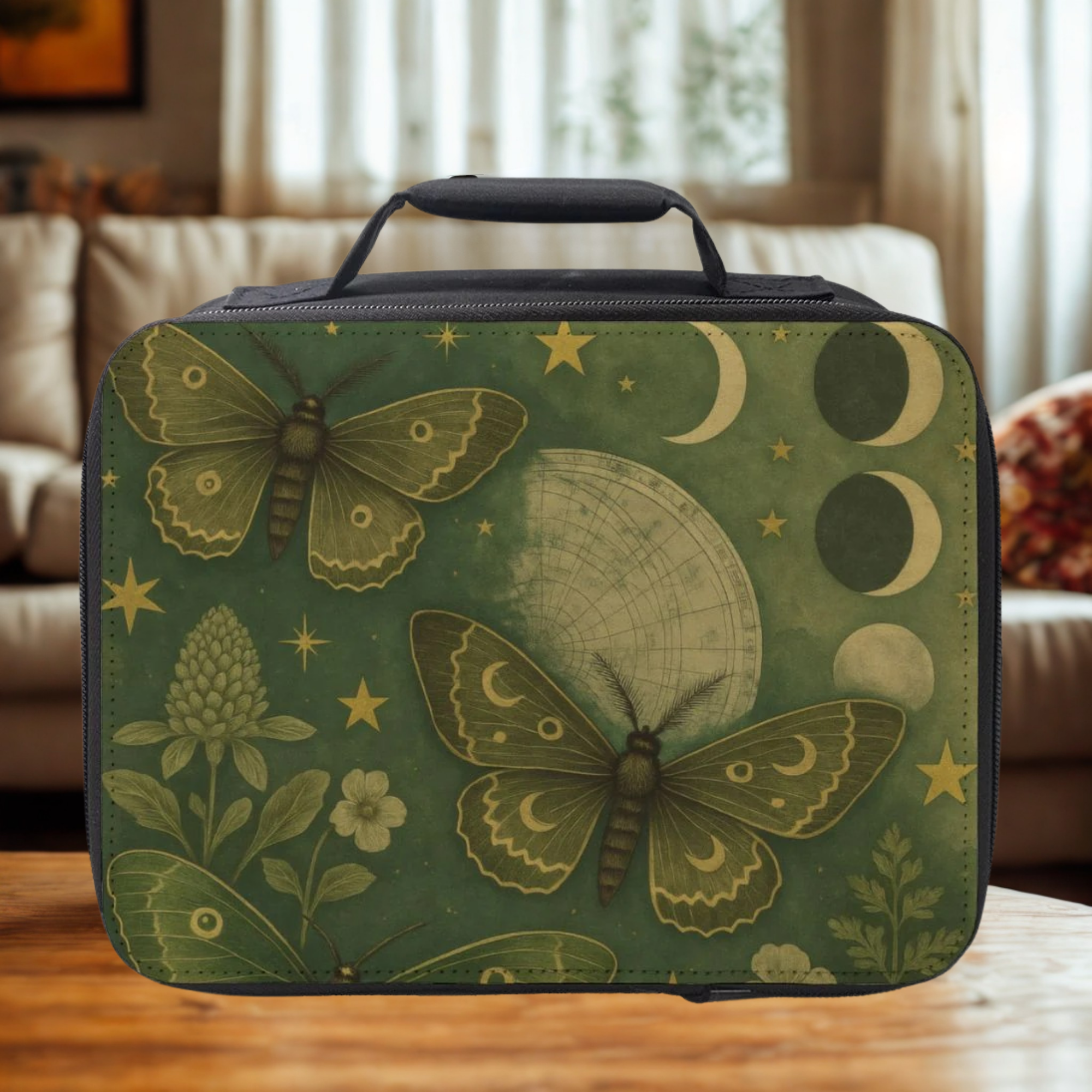 Green lunch bag with moth and moon design on a wooden coffee table in a cozy living room