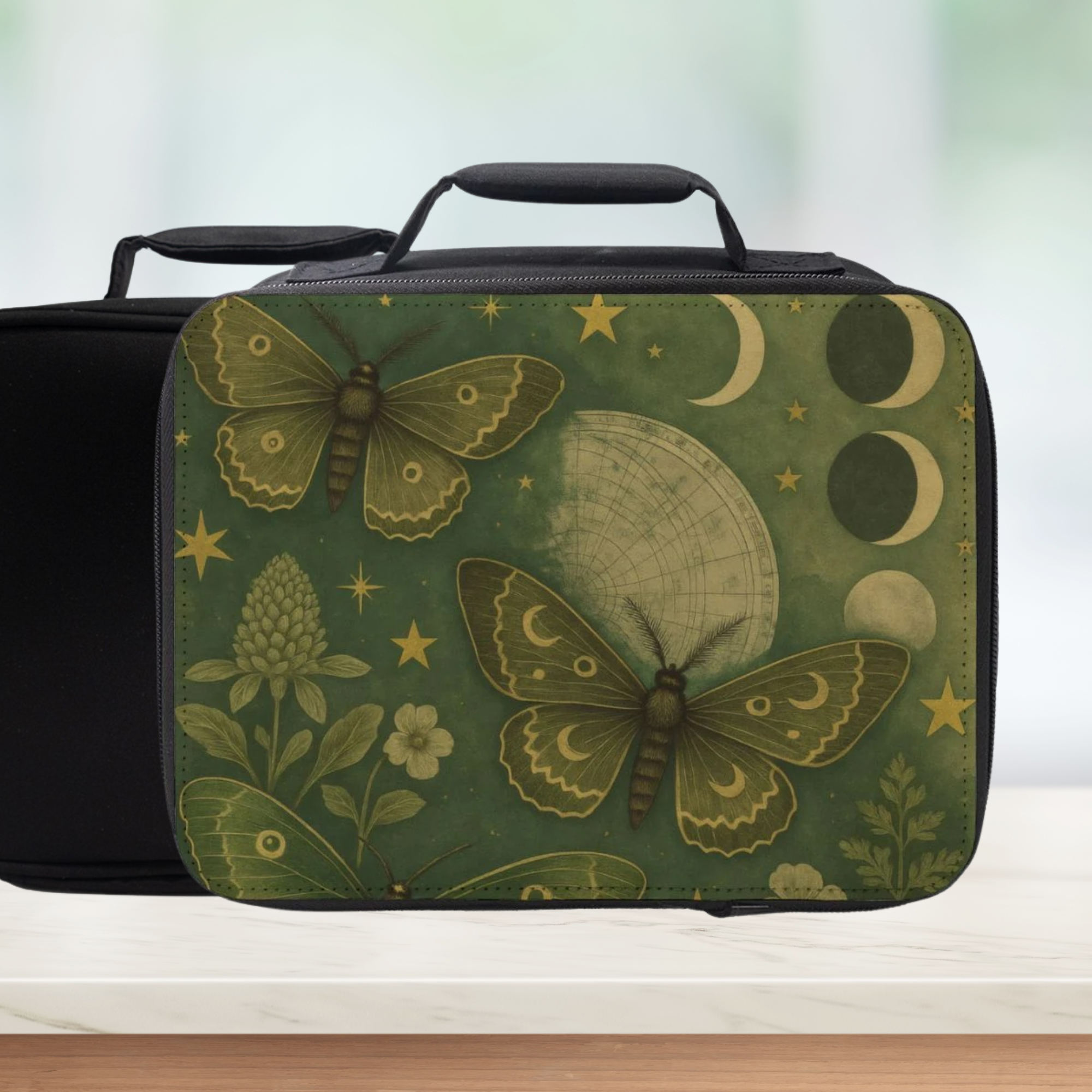 Green case with butterfly and moon design on a white surface
